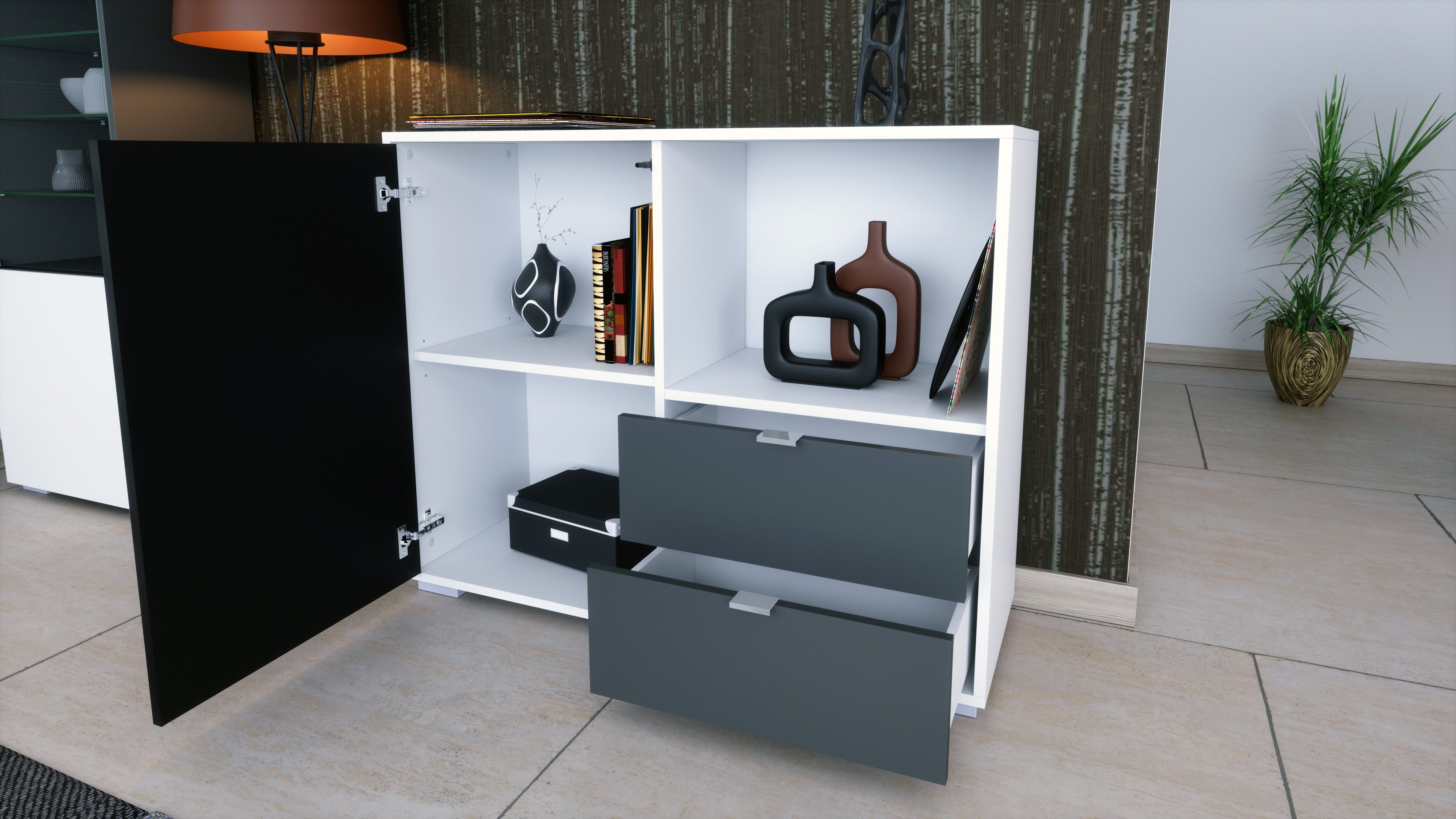 Vladon Kommode Milano (Kommode mit 1 Tür Weiß matt, 2 Schubladen Weiß matt, inkl. LED, Made in Germany), Korpus Weiß matt (103 x 83 x 37 cm)