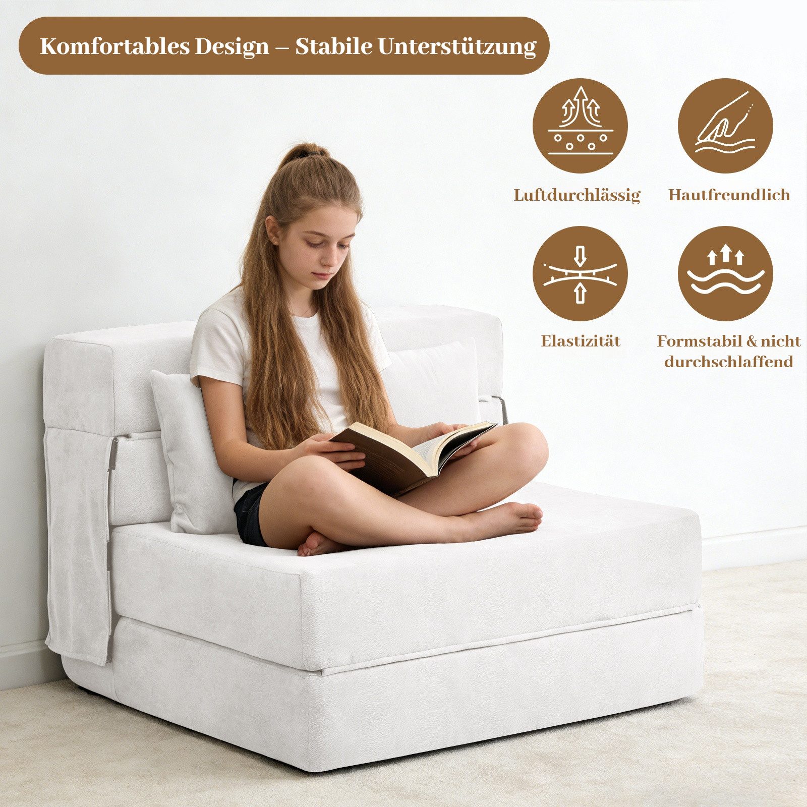 BlingBin Schlafsofa 3 in 1 klappbares Bodensofa Klappmatratze Schaumstoff extra dick 15cm, 210B x 80T x 15H cm 1 Teile, in Matratze umwandelbar, mit 2 Kissen