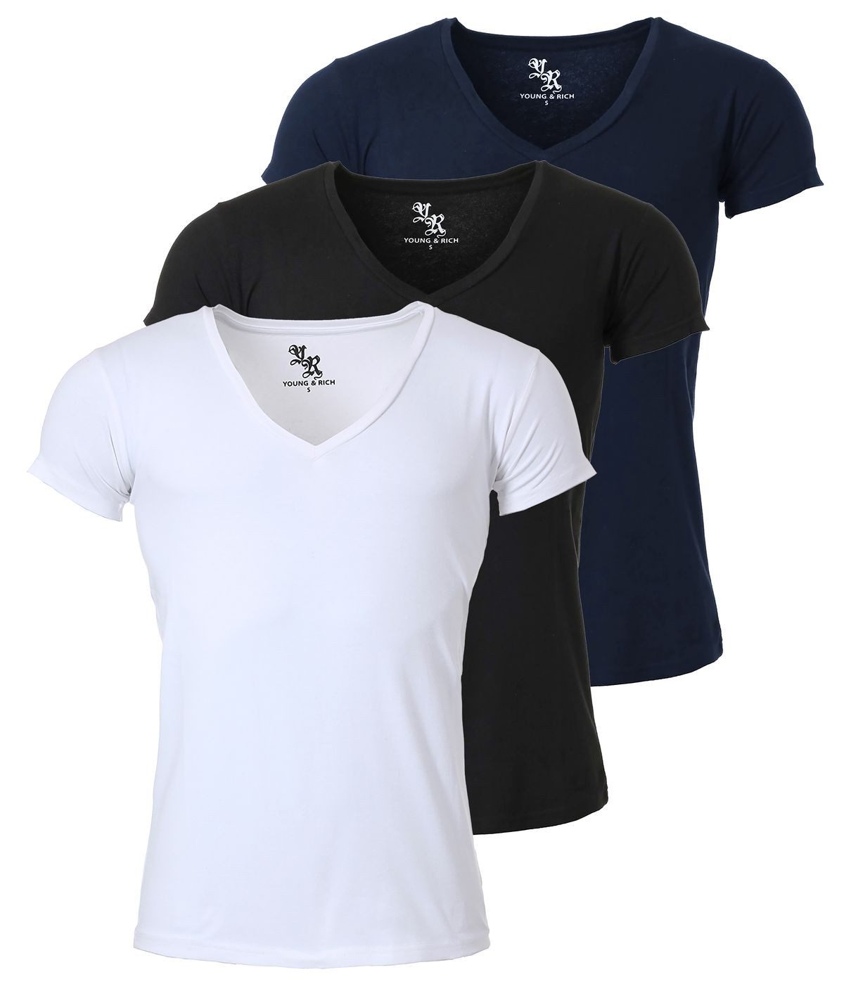 Young & Rich T-Shirt Herren Uni Basic 1315 extra tiefer Ausschnitt 3er Pack (3er-Pack, 3-tlg., 3er-Pack) V-Ausschnitt unifarben kurzarm slim fit