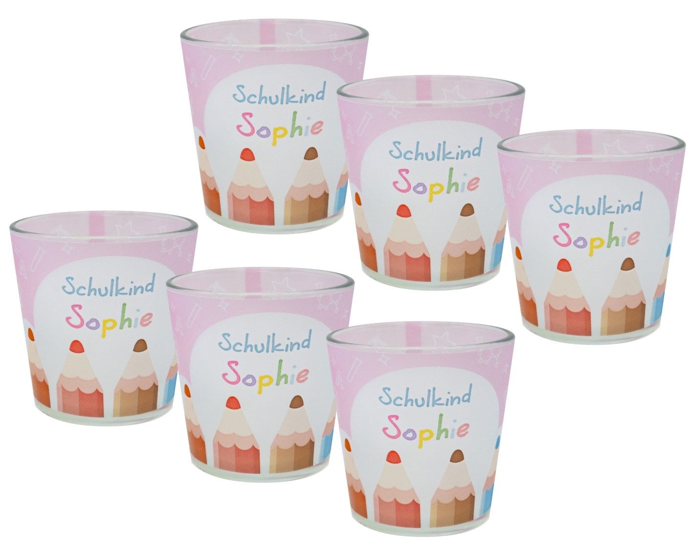 ZauberDeko Windlicht Windlicht Rosa Buntstifte Einschulung Schulbeginn MIT NAME 7,5cm Hoch