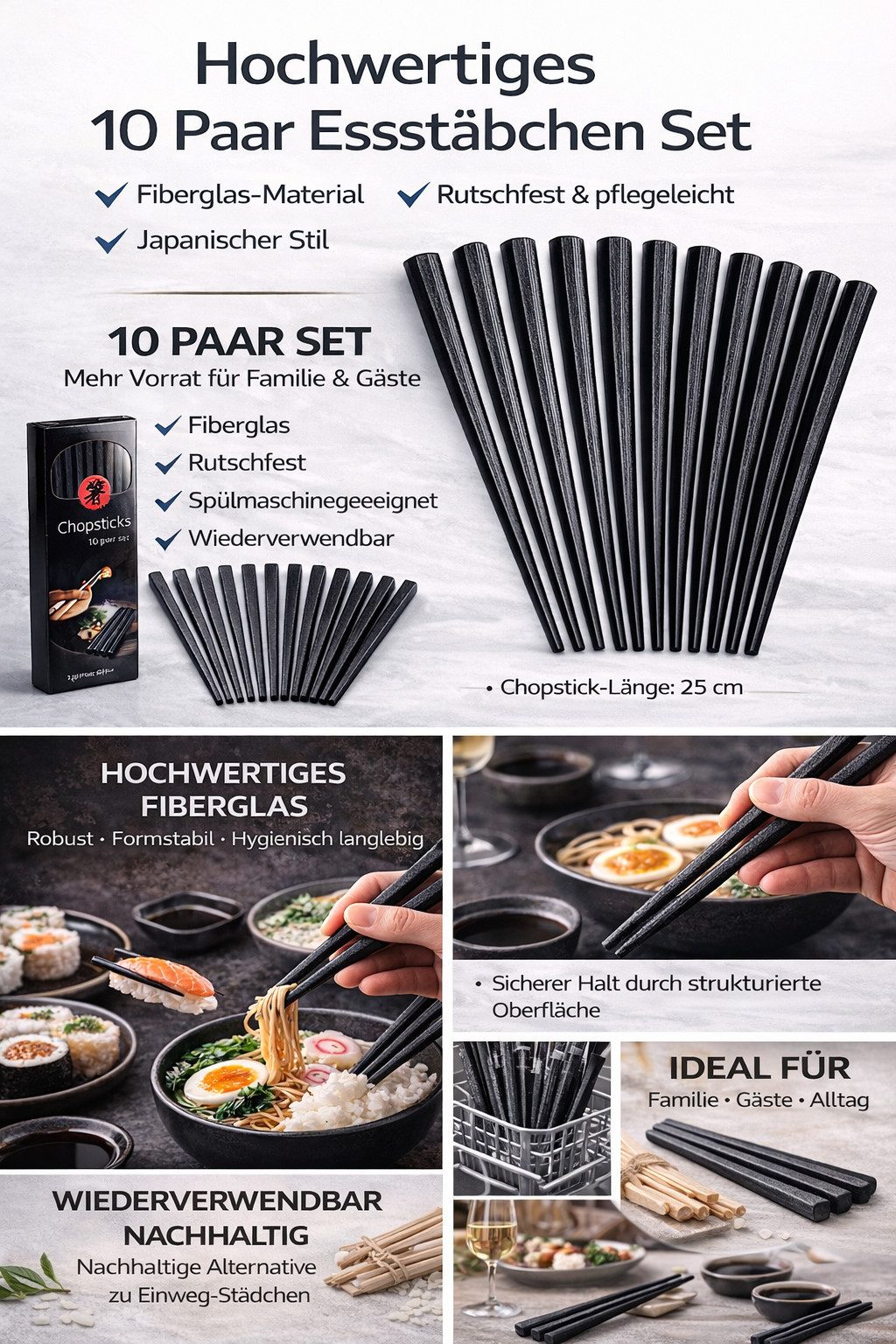 WestCraft Essstäbchen Essstäbchen aus Fiberglas – 10 Paar, schwarz, edel - Japanischer Stil, Robuste Chopsticks im Set – ideal für Sushi, Ramen & asiatische Küche