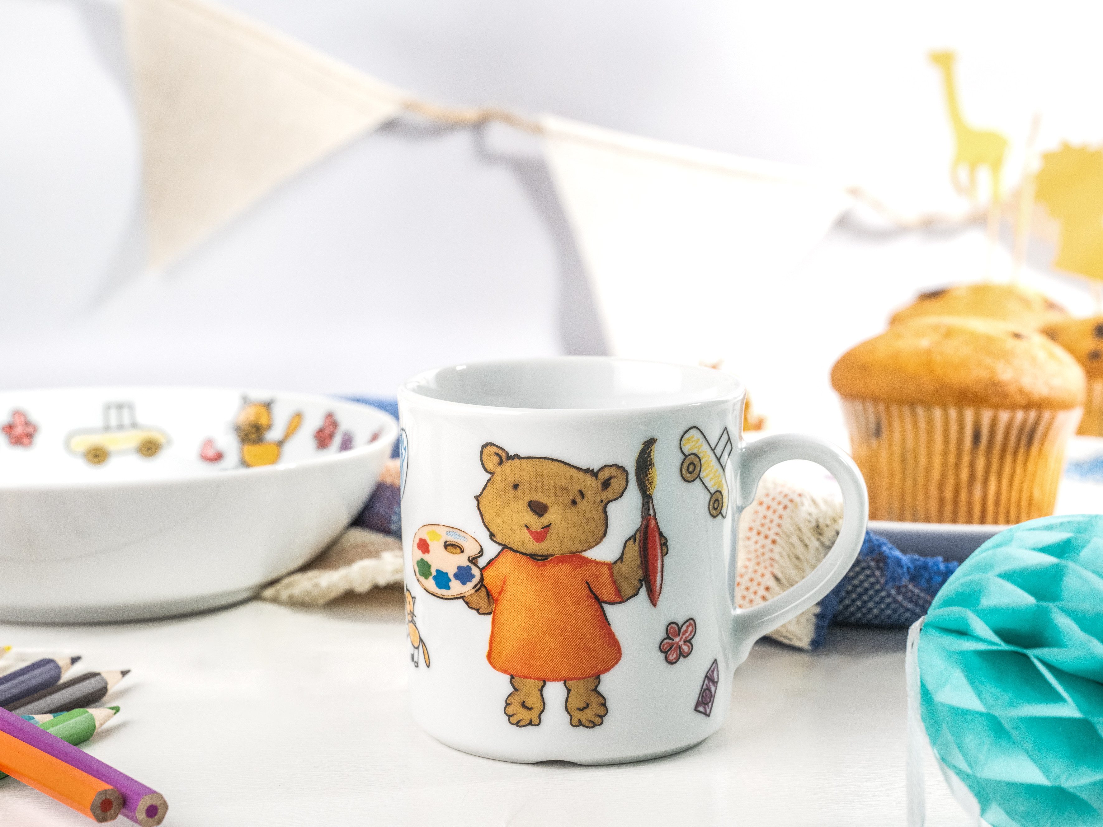 CreaTable Kindergeschirr-Set Teddy (3-tlg), 1 Personen, Porzellan, Made in Europe, 3 Teile, für 1 Person