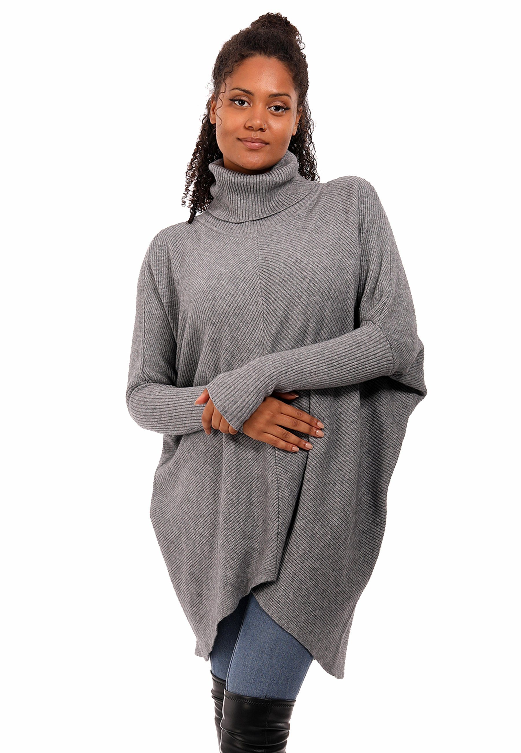 YC Fashion & Style Longpullover Strickpullover asymmetrisch Plus Size mit Rollkragen (1-tlg) in Unifarbe, mit überschnittenen Schultern grau