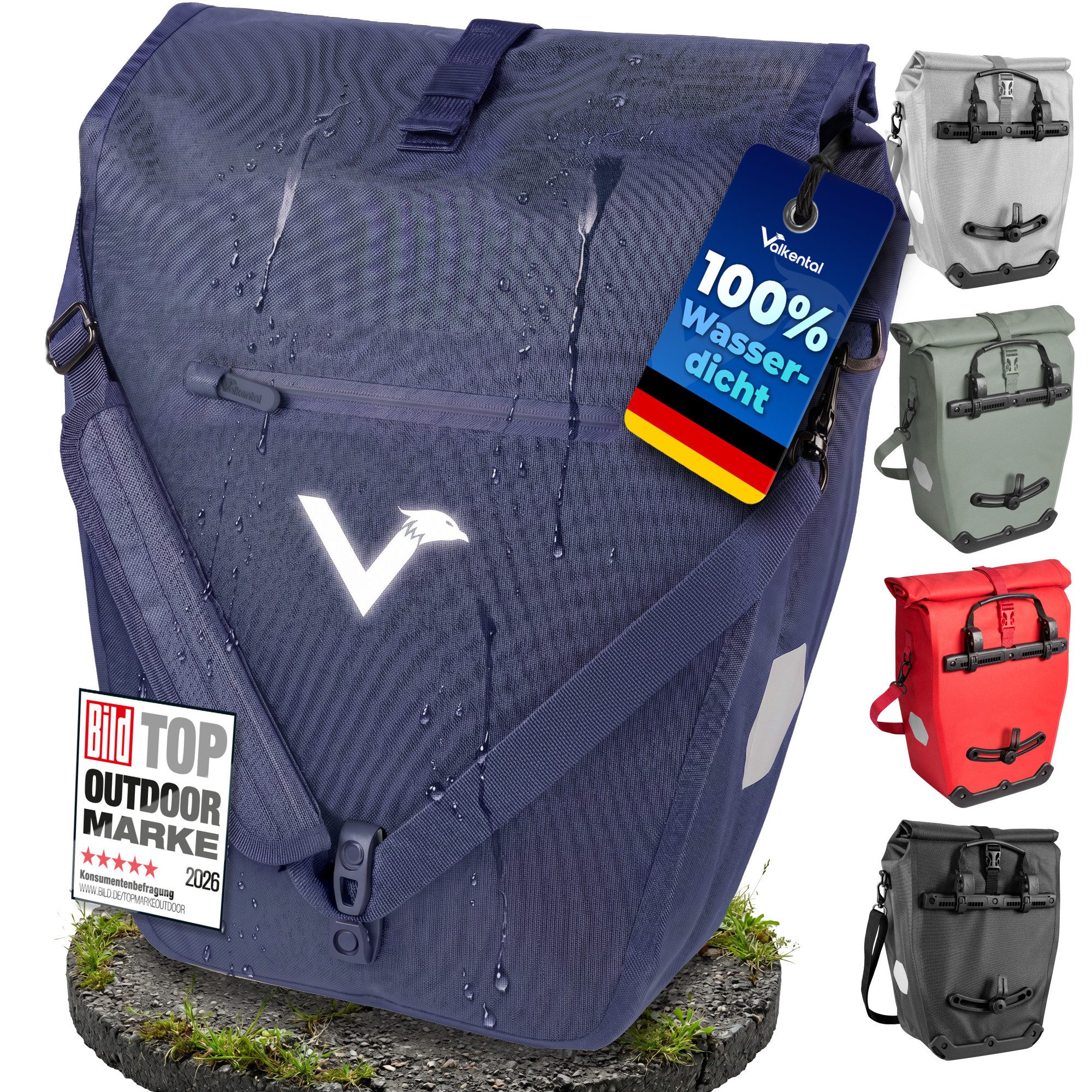 Valkental Fahrradtasche Gepäckträgertasche mit Umhängeschlauf, 2in1 wasserdicht, mit Rolltop Verschluss & Laptopfach 28L