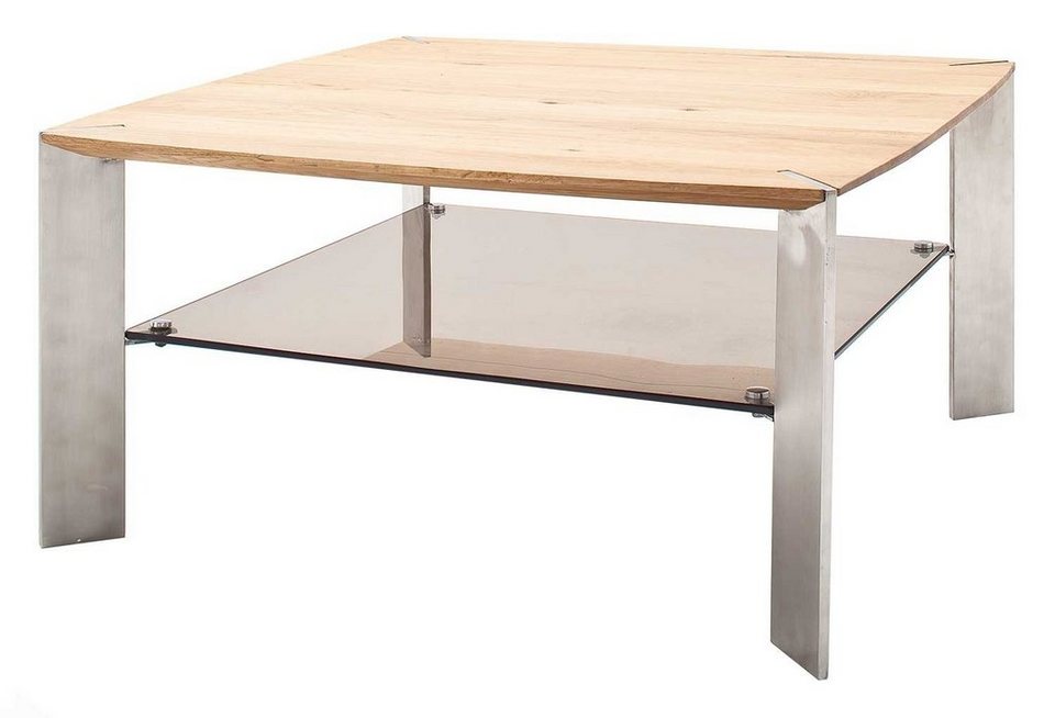 MCA furniture Couchtisch Nelia (Wohnzimmer Tisch quadratisch, 80x80 cm,  Tischbeine Edelstahl), Asteiche massiv, mit Ablage aus Glas, bronziert,  Ablageflächen für Fernbedienungen