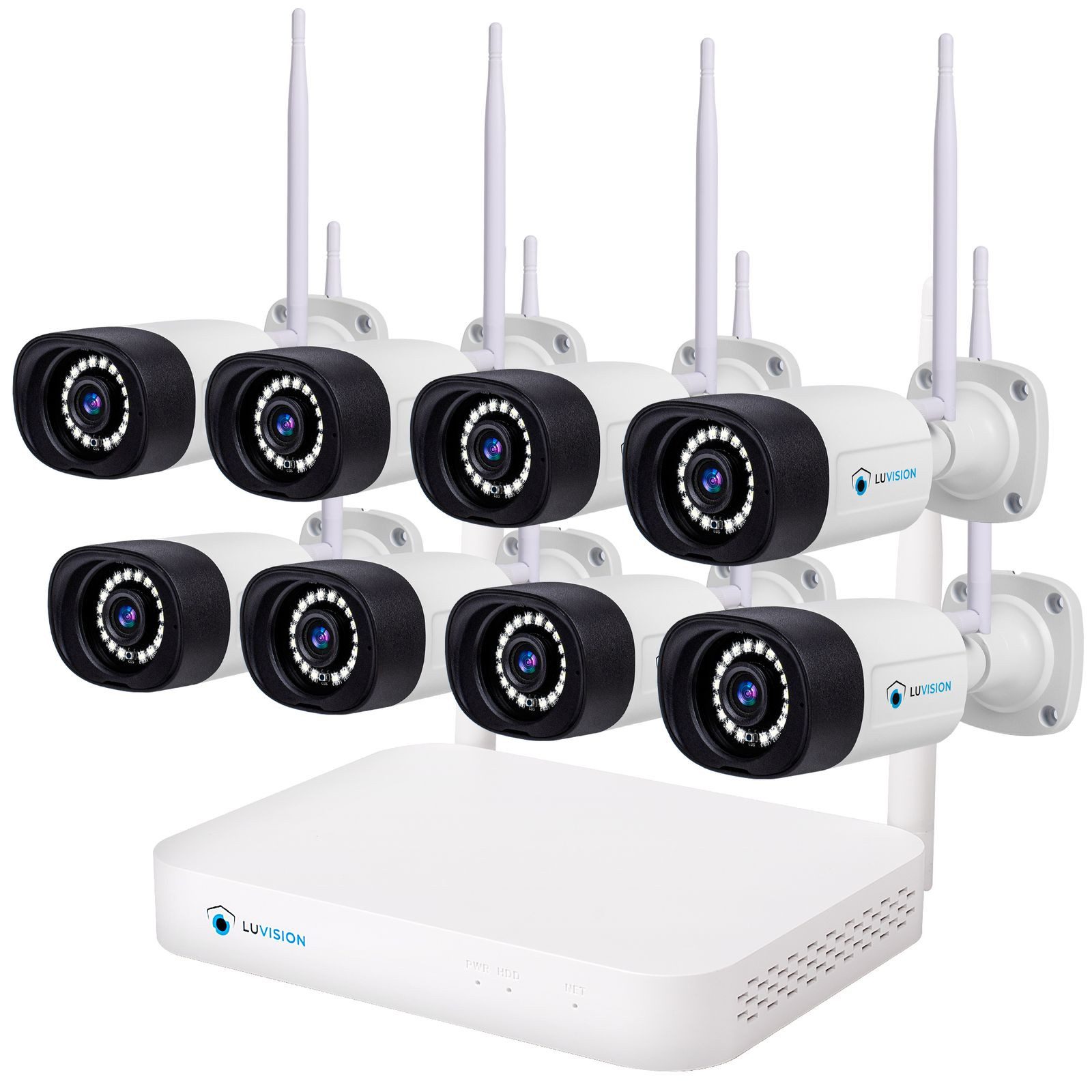 LUVISION Überwachungskamera K8508-W + PJ2151-W 8er (Außen- und Innenbereich, 8-tlg., WLAN Funk Überwachungssystem 8 x IP Überwachungskamera Set Mikrofon, Cloud, Audio, 10 Kanal NVR, Smarte farbige Nachtsicht)