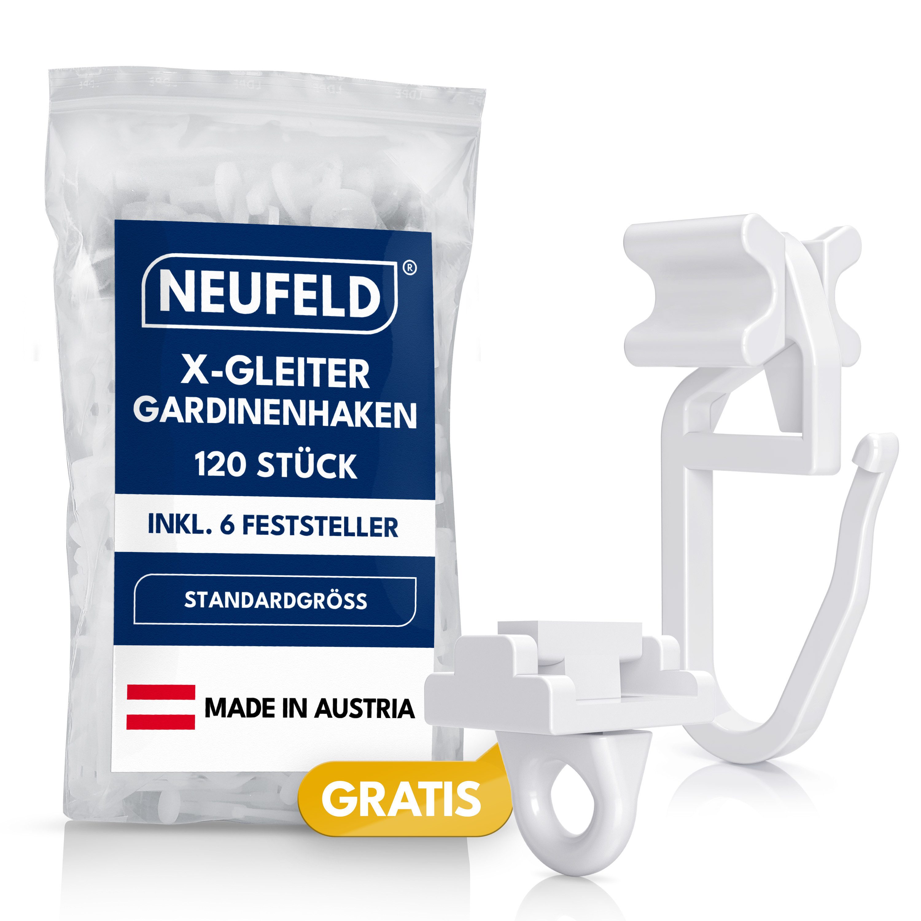 NEUFELD Gardinengleiter X-Gleiter 120 Stück inkl. 4 Feststeller, für 6mm Innenlaufschienen, (Set, 120 X-Gleiter inkl. 6 Feststeller), waschfest · leichtgängig · geräuscharm · robust