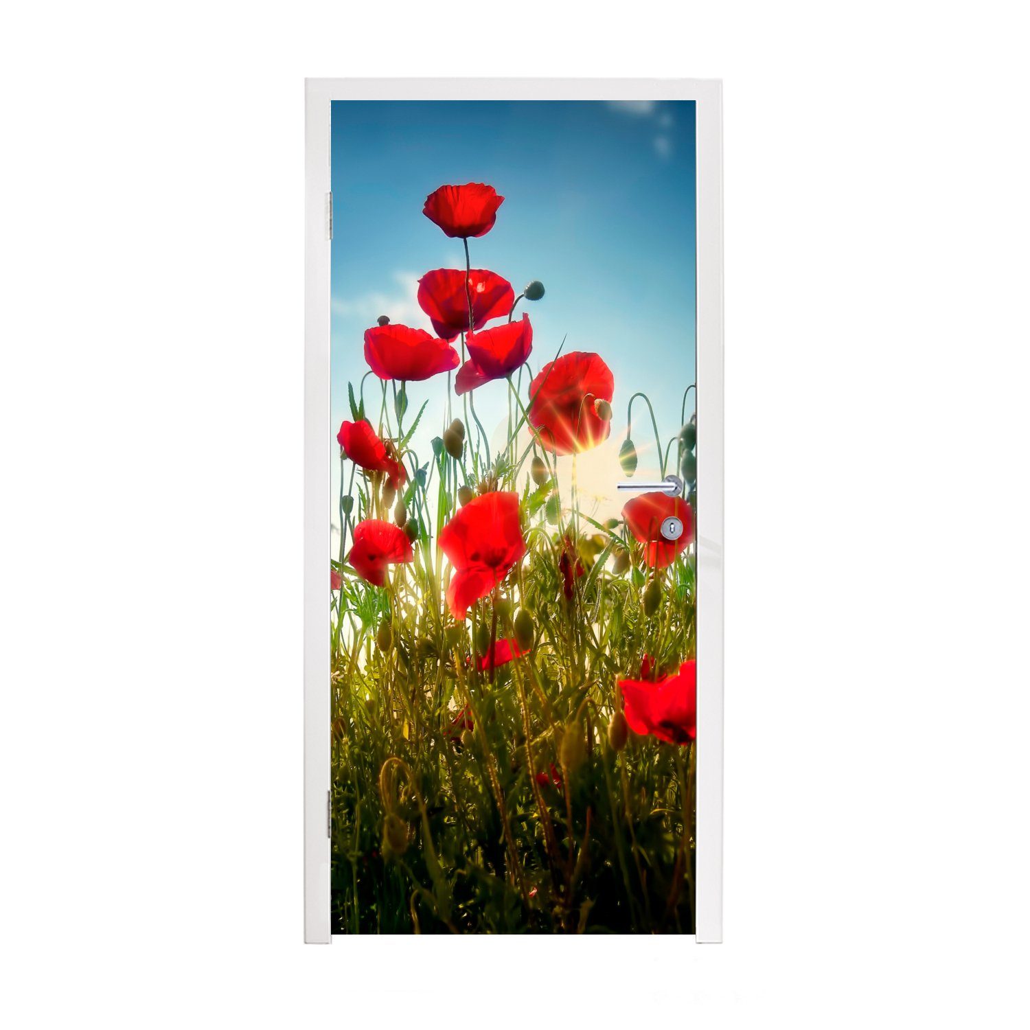 MuchoWow Türtapete Mohnblumen - Toskana - Sonne - Rot - Blau, Matt, bedruckt, (1 St), Fototapete für Tür, Türaufkleber, 75x205 cm