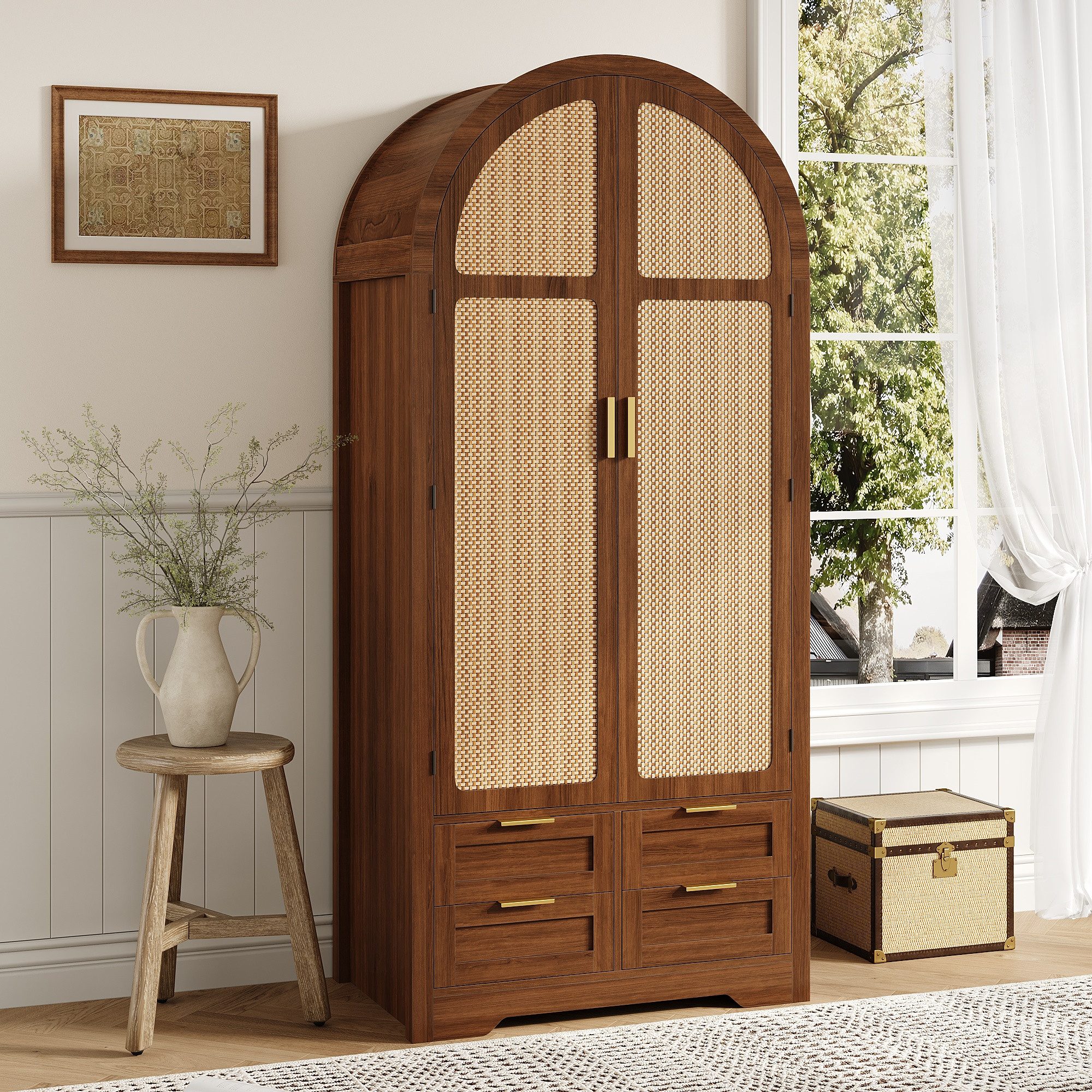 REDOM Kleiderschrank 80x179x50 cm, mit Kleiderstange, Schubladen & großzügigem Stauraum (Packung, 1-St., Nussbaum-Schrank mit natürlichen Rattan-Türen) Luxuriös für das Schlafzimmer oder repräsentative Eingangsbereiche