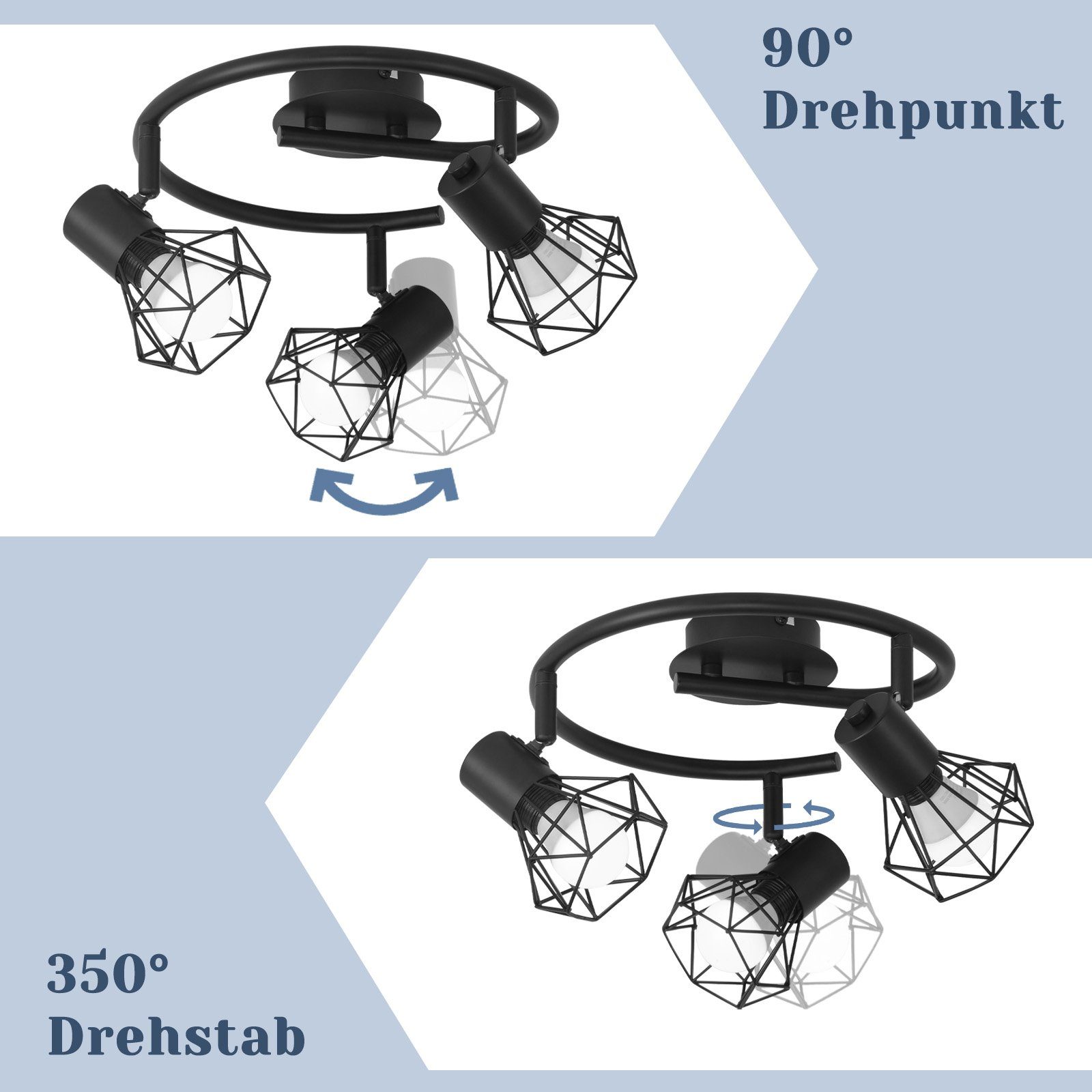 Deckenstrahler Schwenkbar, E14 Retro Design, fest Rund integriert, Einzigartige Deckenleuchte Schwarz Flammig LED Schwenkbar, ZMH Industrial 3 LED