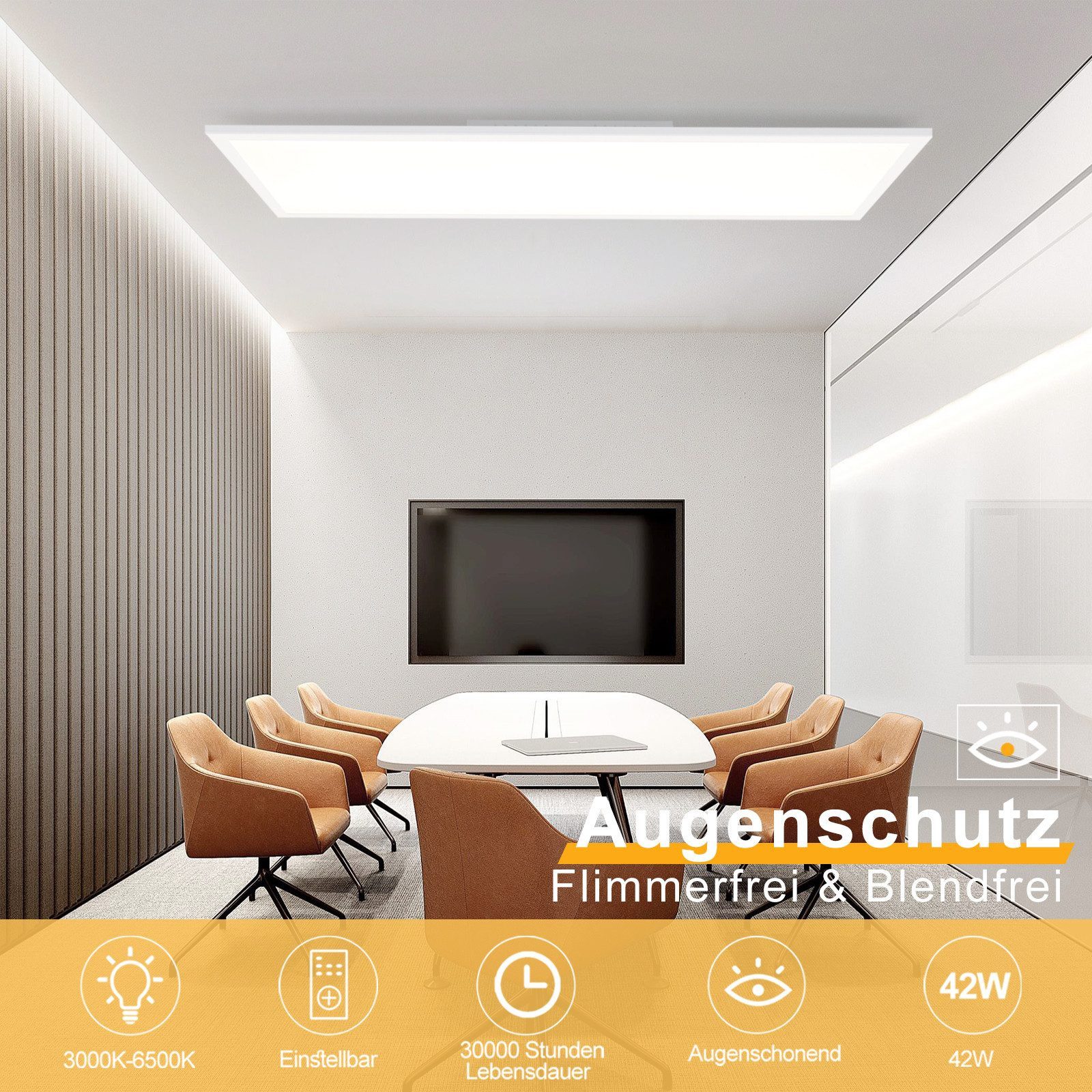Nettlife LED Panel Weiß Deckenleuchte Flach 100*25CM Rechteckige Deckenlampe 42W, Dimmbar mit Fernbedienung, LED fest integriert, Warmweiß, Neutralweiß, Kaltweiß, für Büro Wohnzimmer Flur Treppe