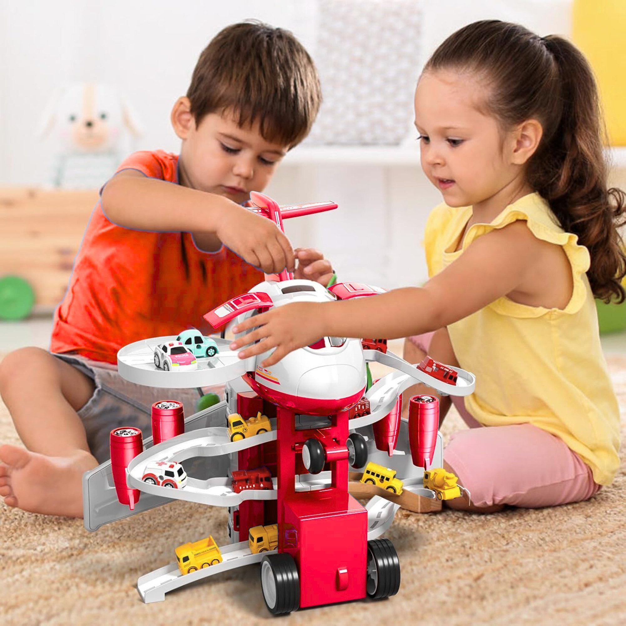 Vivitar Spielzeug-Flugzeug mit 12 Stadtautos & Rennstrecke Rennbahn Auto Sp günstig online kaufen