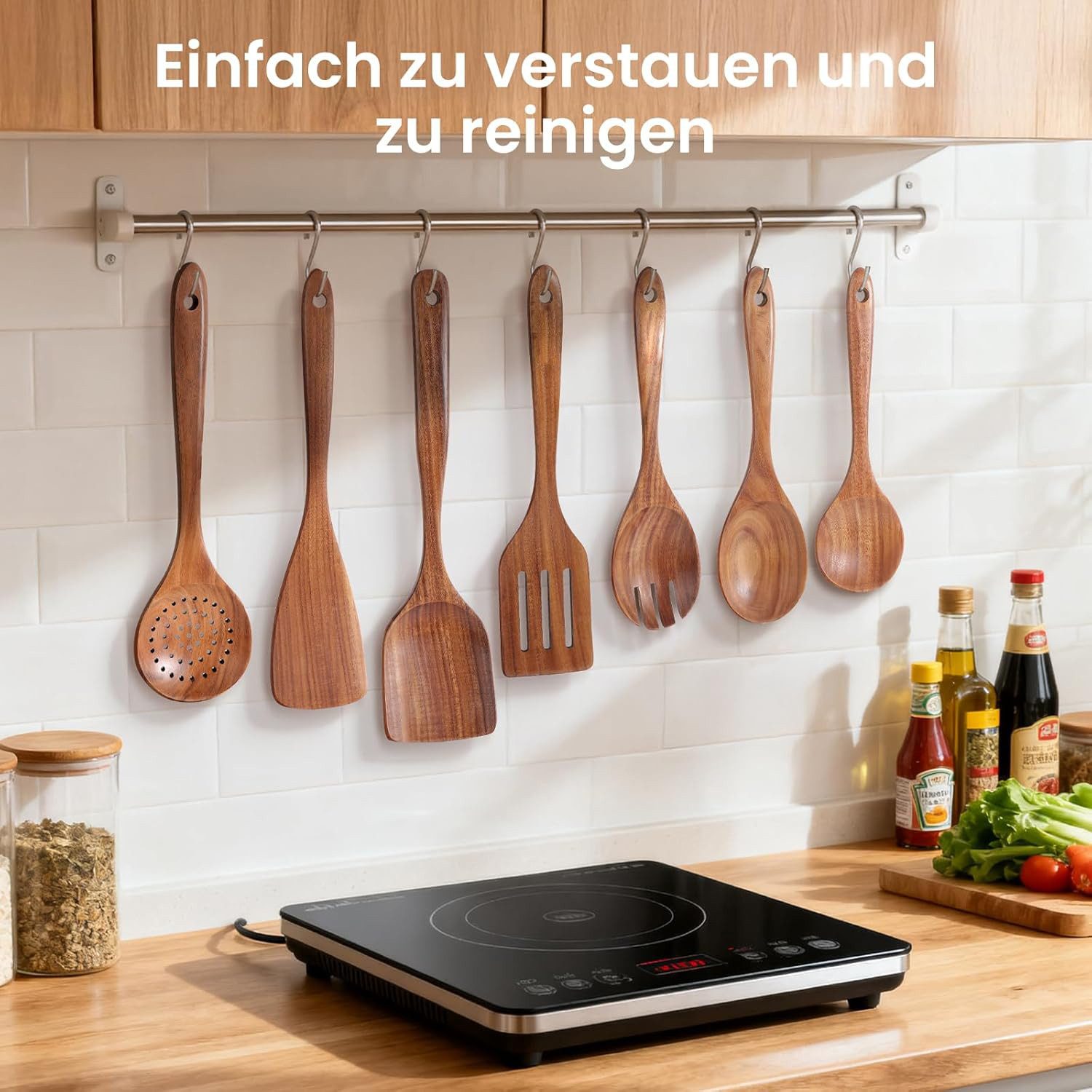 SURFOU Kochbesteck-Set Acacia Holz Küchenhelfer Set, 9 teilig inkl. Aufbewahrungsständer (Set, Pfannenwender, Kochlöffel, Schöpflöffel, Ständer, Löffelablage),  – Bild 5 von 5