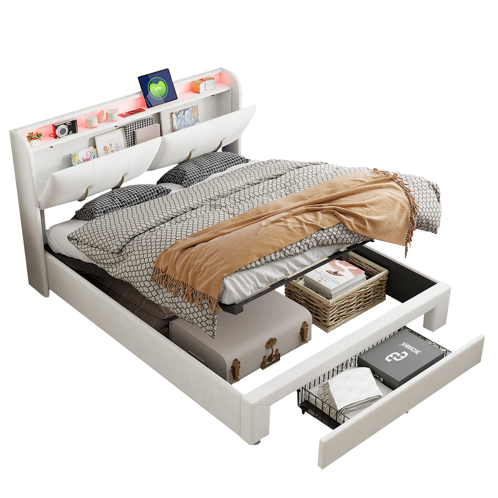 FUROKOY Polsterbett LED Hydraulisches Doppelbett Samt, günstig online kaufen