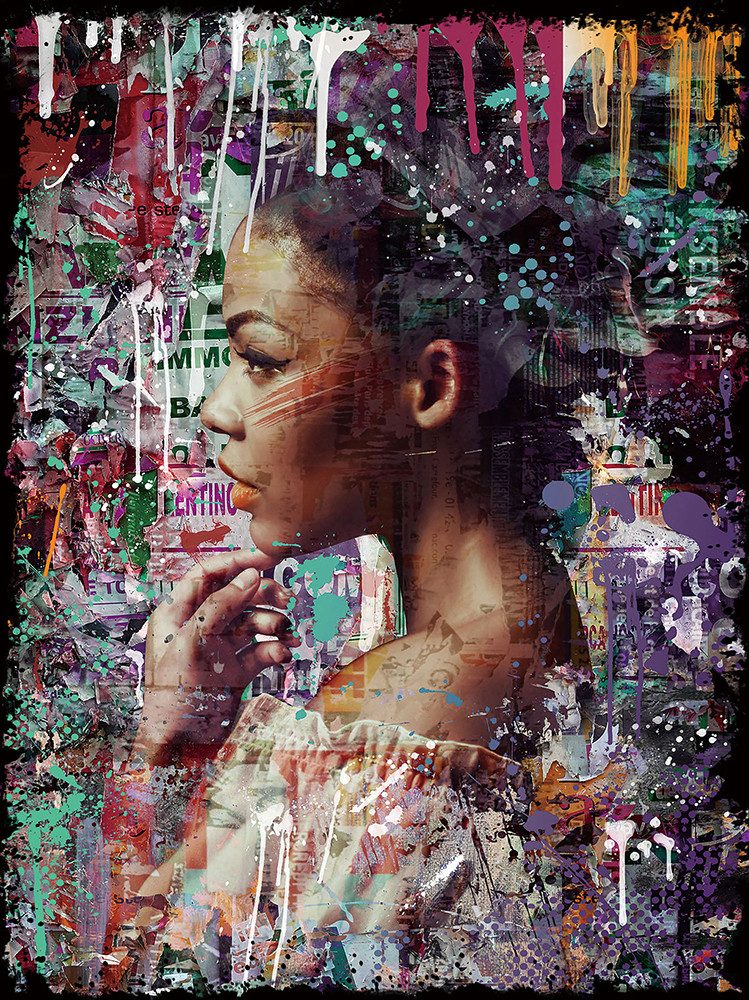 ArtUniverse Glasbild Street Art Schöne Im Farbenregen 90 x 120 cm, Menschenmotiv