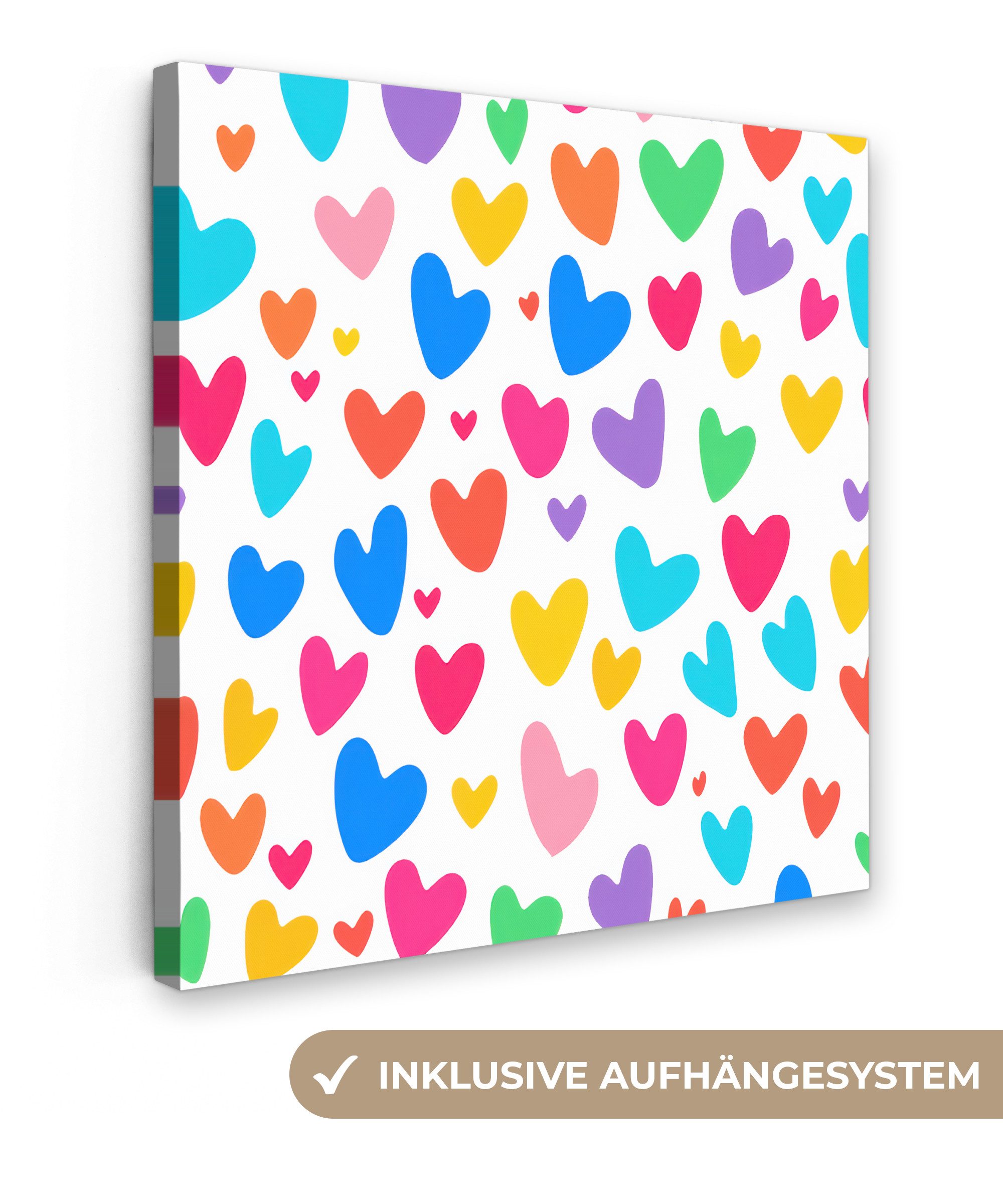 OneMillionCanvasses® Leinwandbild Herzen - Bunt - Muster - Lebendig, Fotodruck (1 St), Wandbild, Deko Schlafzimmer Wohnzimmer Flur 20x20 cm