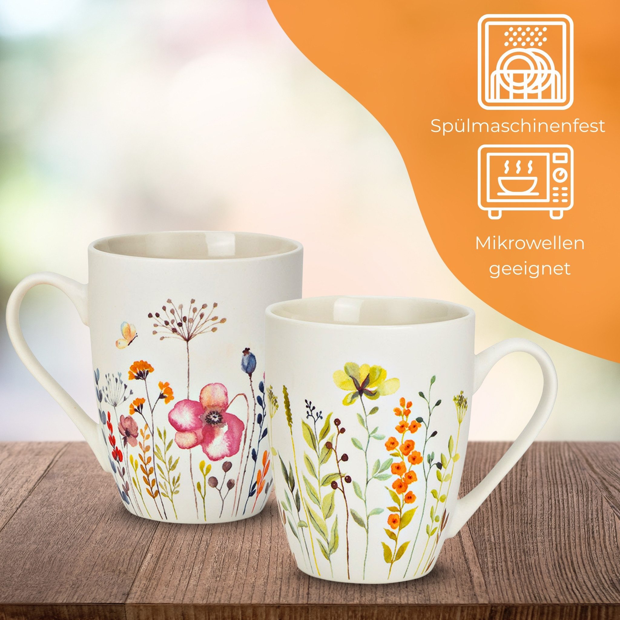 matches21 HOME & HOBBY Tasse Kaffeetassen Blumen Dekor, 4er Set Kaffeetasse Weiß, 4-tlg., Porzellan, Frühstückstasse 275 ml mit Floralem Design – Bild 3 von 5