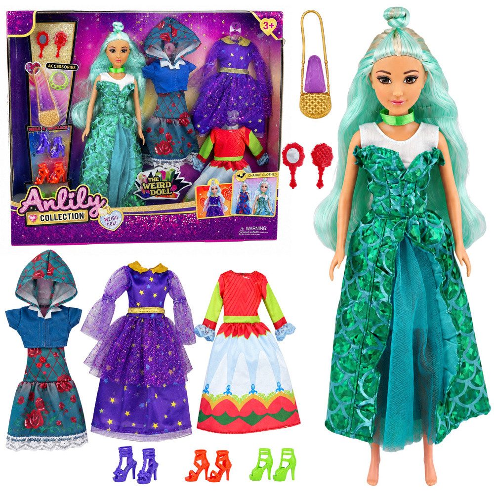 LEAN TOYS Anziehpuppe Modepuppe Fantasiepuppe Ankleidepuppe (Spar-Set, 1-tlg., 30 cm mehrfarbig), 3 Kleider, 3 Paar Schuhe, Zubehör, 30 cm