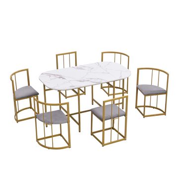 PHOEBE CAT Essgruppe, (Küchentisch Set, 7-tlg., Esstisch 140*80*76 cm mit 6 Hockers), Tisch in Marmoroptik, Stühle mit Rückenlehnen und Samt Polstern