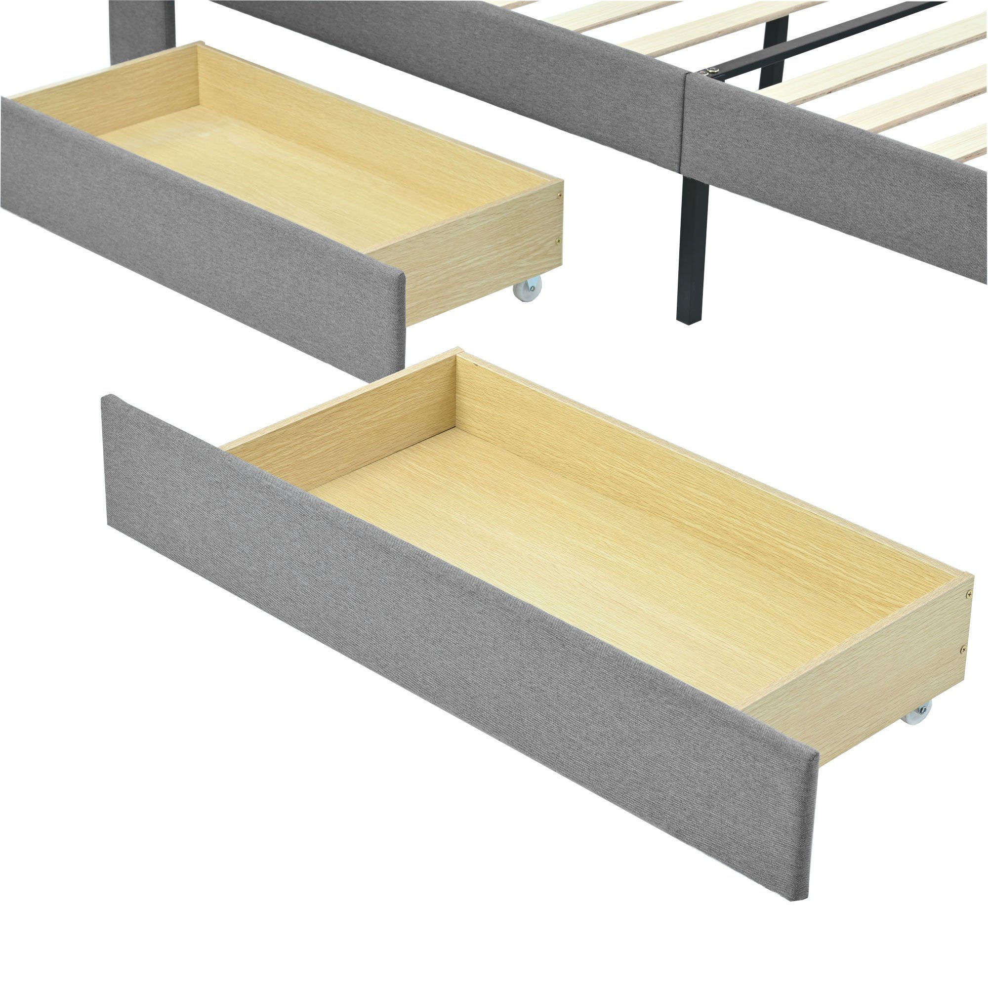 Grau Holzbett Schubladen, Ulife Polsterbett Doppelbett mit Rückenlehne, Lattenrost 4 und 140x200cm