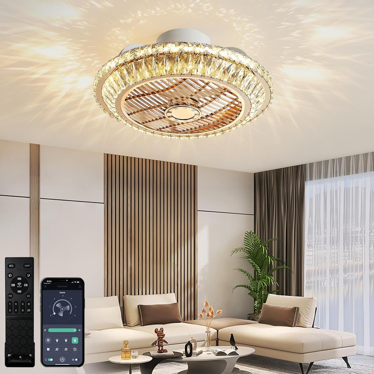RRBEST Deckenventilator LED Deckenventilator, Leise Kristall Ventilator Kronleuchte, 72W Moderne Fan Deckenlampe mit Fernbedienung