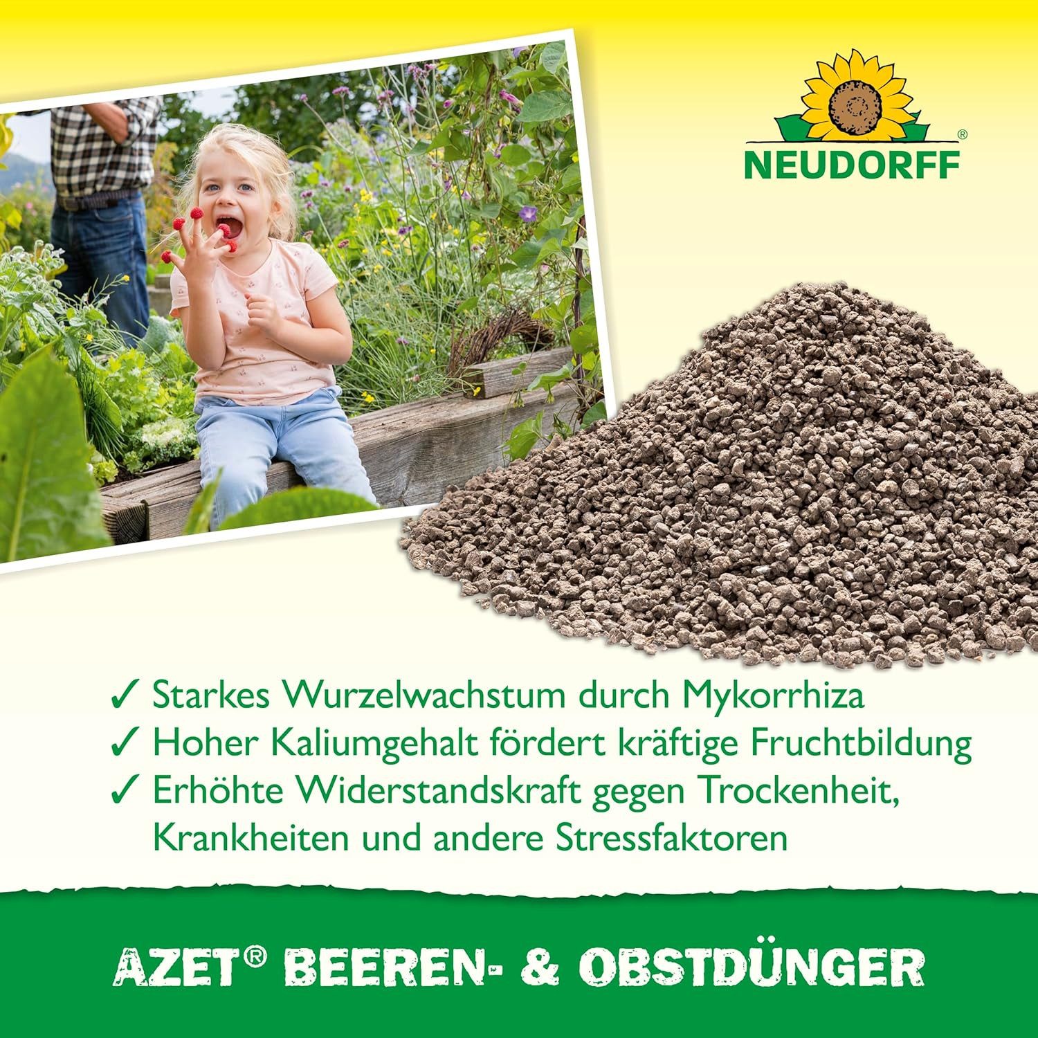 Neudorff Obstdünger Azet Beeren- & ObstDünger 2,5 kg, organischer Langzeitdünger mit Sofort- & Langzeitwirkung, Himbeer & Erdbeer Dünger aus natürlichen Rohstoffen