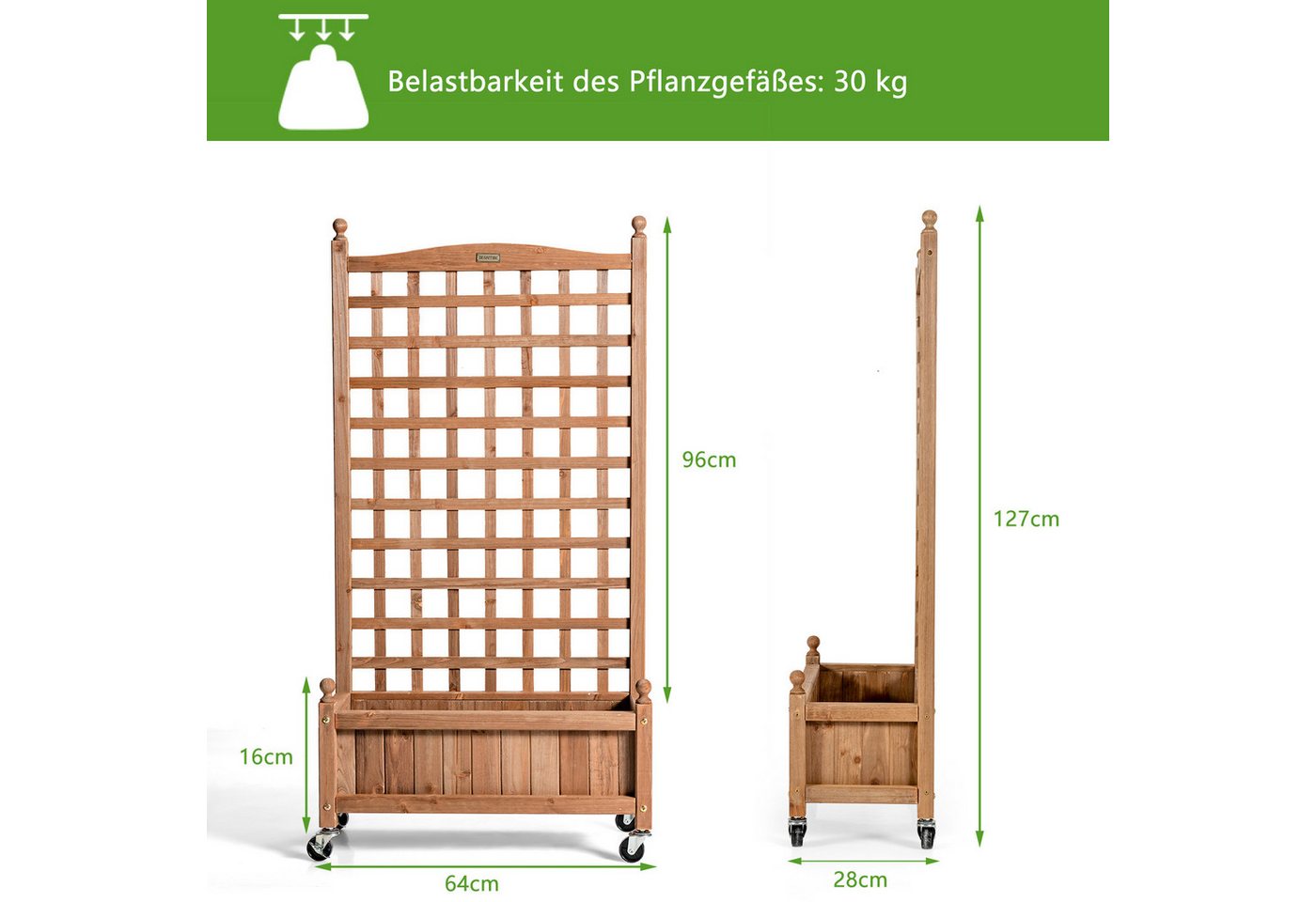 Thumbnail - COSTWAY Hochbeet (1 St), Blumenkasten mit Rankgitter, Pflanzkasten auf Rollen, Tannenholz