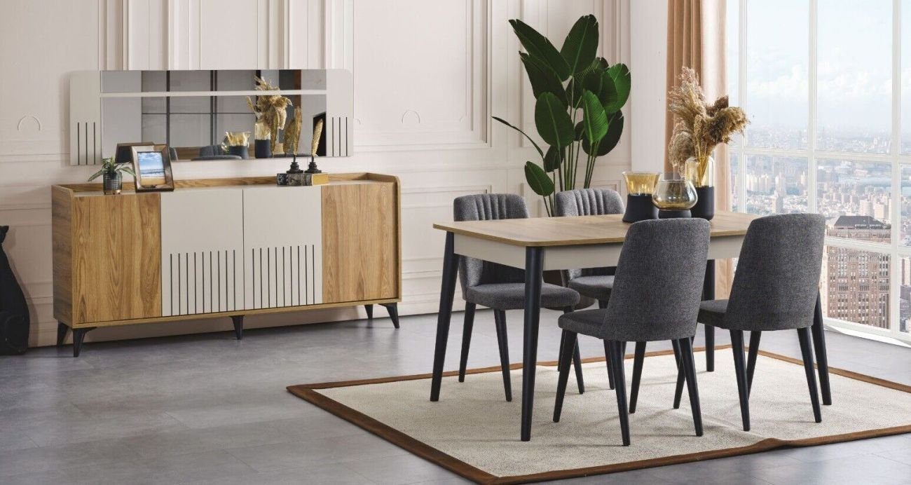 JVmoebel Esszimmer-Set Esszimmer set Esstisch 4x Stuhle und Sideboard mit Spiegel modern, (7-St., 1x Esstisch + 4x Stühle + 1x Sideboard + 1x Spiegel), Made in Europa