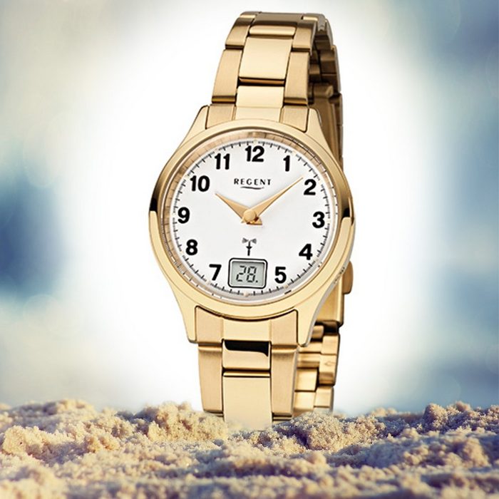Regent Funkuhr Regent Damen-Armbanduhr gold (Funkuhr) Damen Funkuhr rund klein (ca. 29mm) Edelstahlarmband gold XB11078