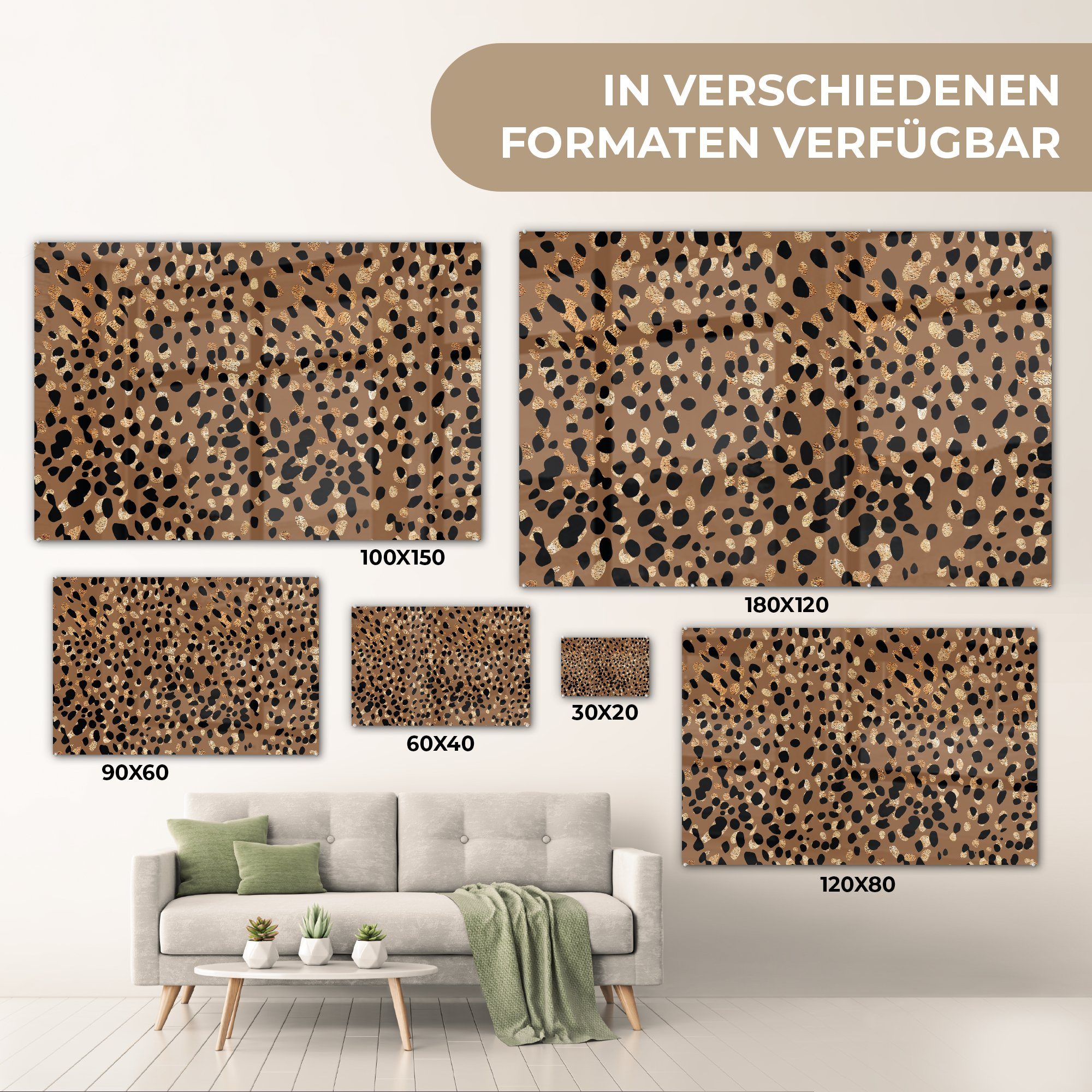 Braun, Foto Wanddekoration (1 Glas - Tiermuster - - auf Glas Leopard - MuchoWow - Acrylglasbild Gold Glasbilder Wandbild St), - auf Bilder