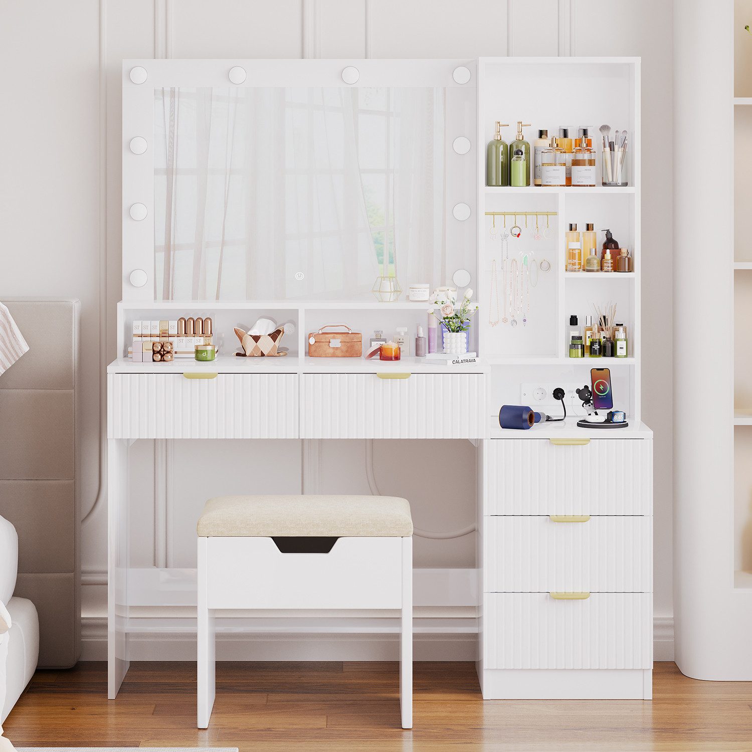HOMALL Schminktisch Vertikale Streifen mit 5 Schubladen und 7 offenen Fäche günstig online kaufen