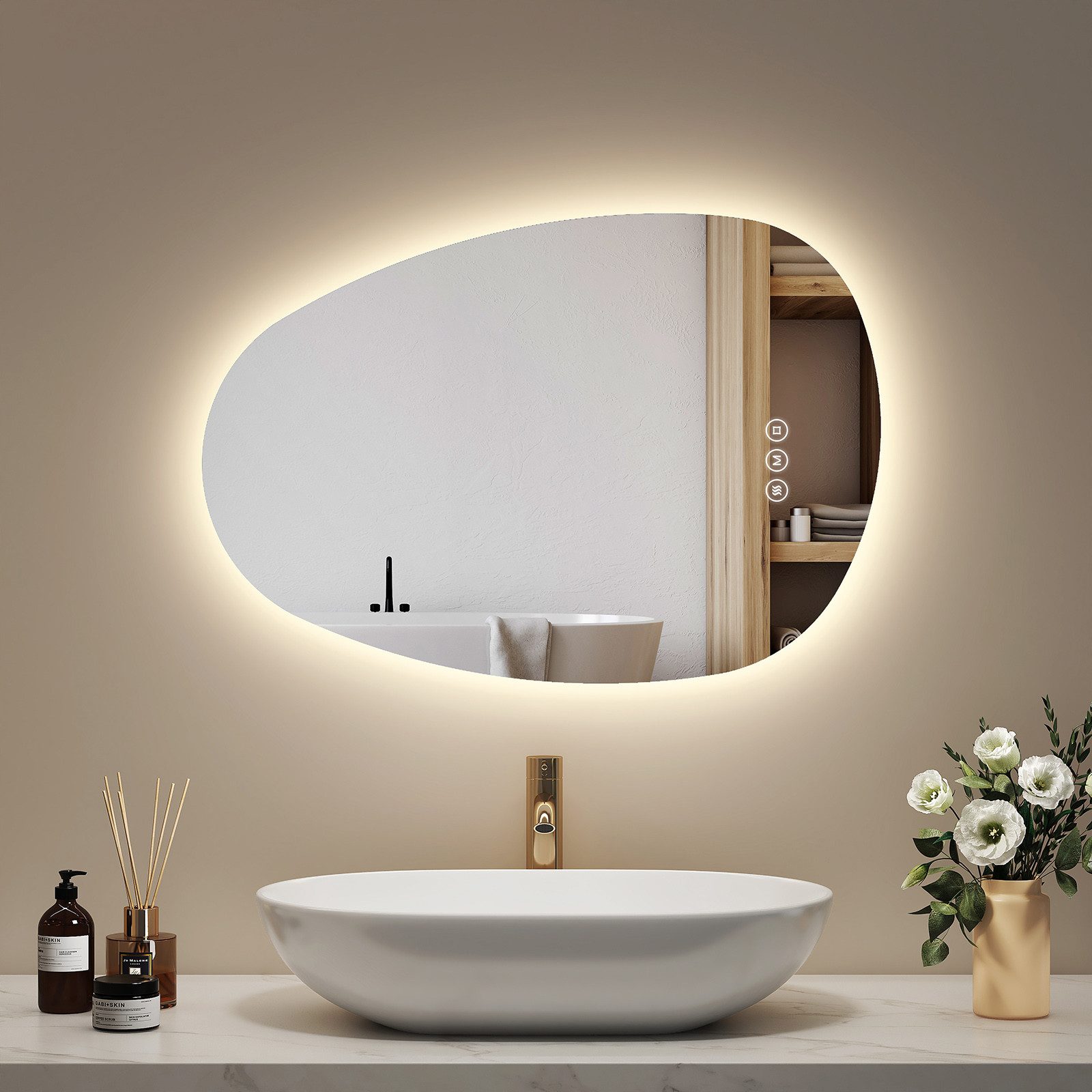 EMKE Badspiegel mit Beleuchtung Wandspiegel asymmetrisch Lichtspiegel (Kies günstig online kaufen