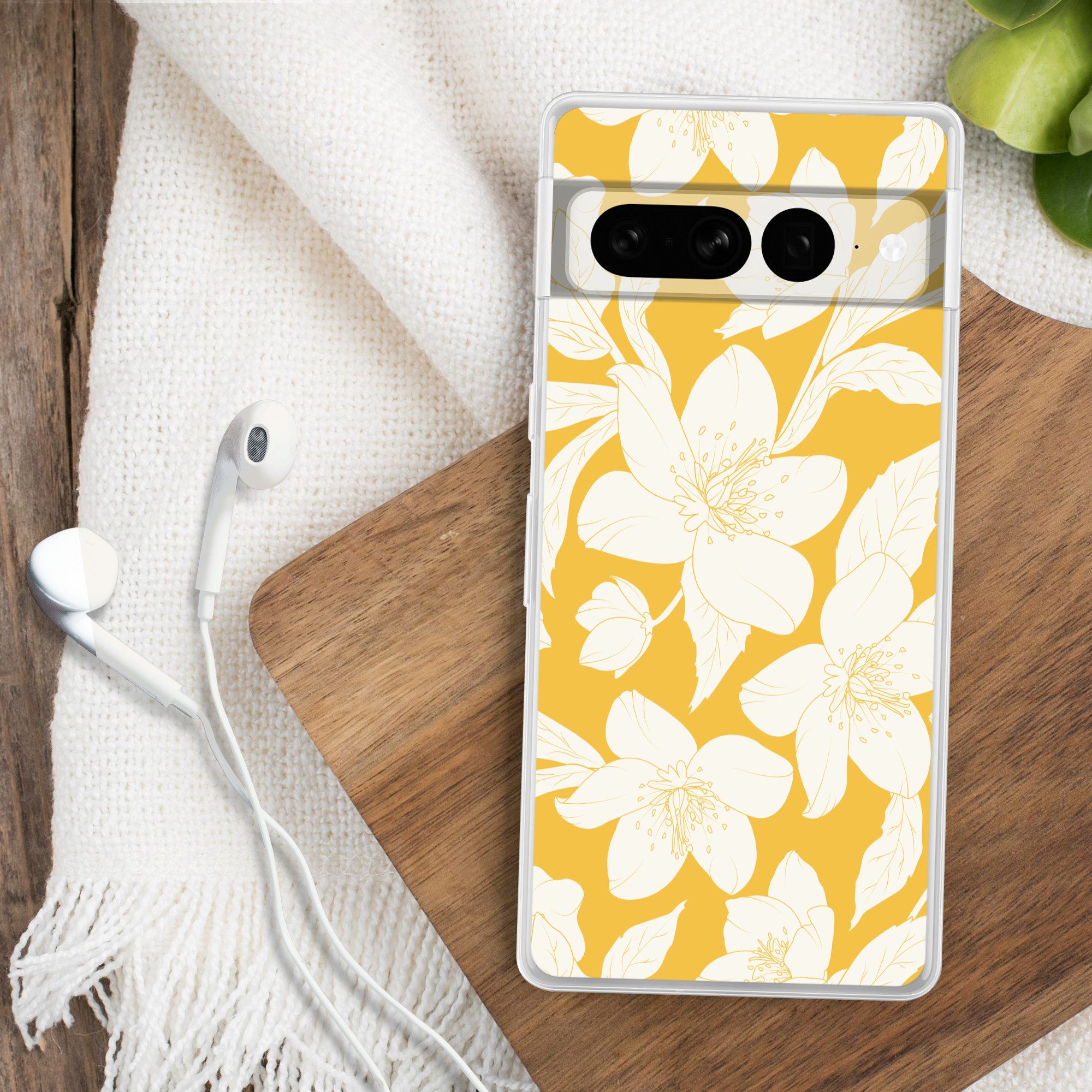 MuchoWow Handyhülle für Google Pixel 7 Pro Blumen - Muster - Gelb - Weiß, Phone Case, Silikon, Schutzhülle Dünn