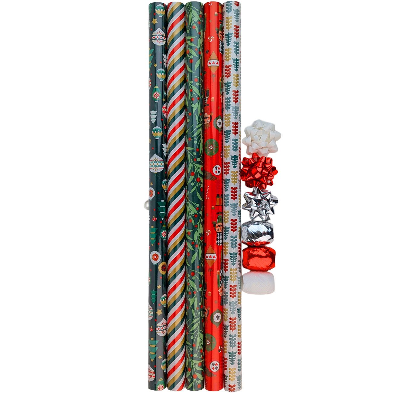 Koopmann Geschenkpapier Geschenkpapier 5 Rollen-Set 70x200cm 3 Geschenkebänder 3 Schleifen, (11St), 5 Rollen Papier, 3 Rollen Geschenkband 30m, 3 Fertigschleifen