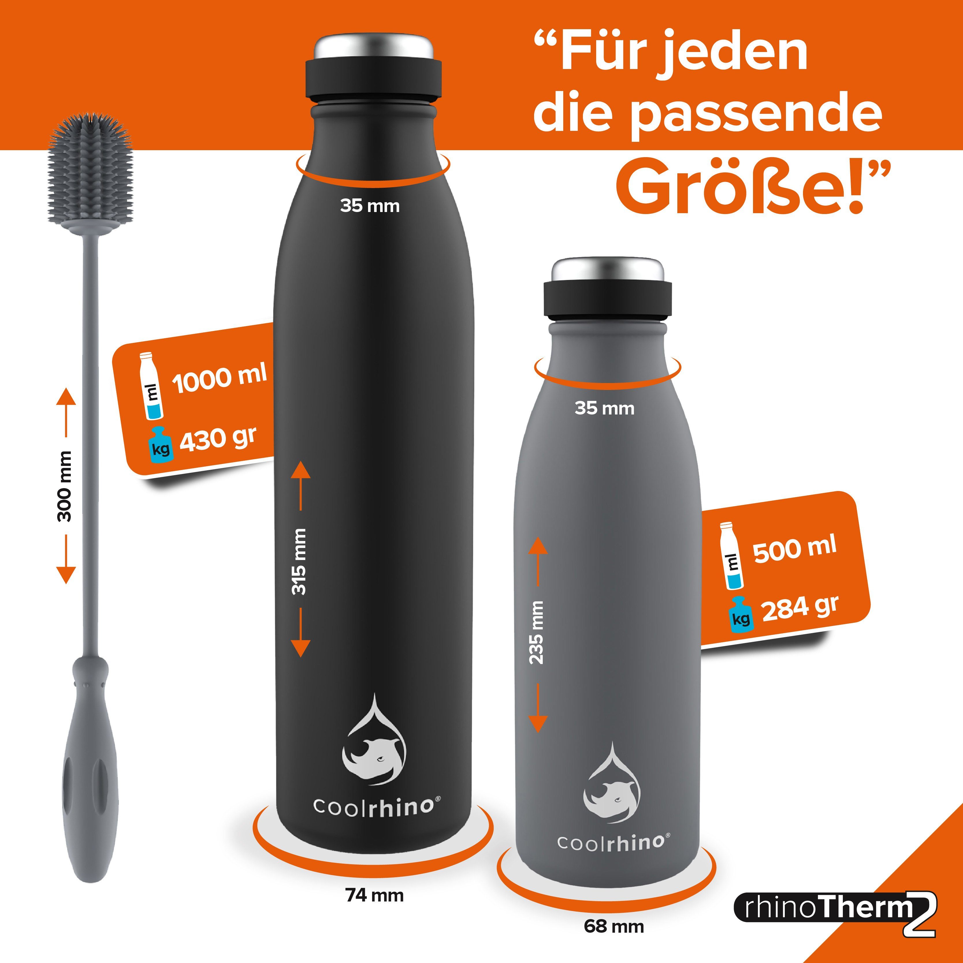 coolrhino Isolierflasche rhinoTherm2 Edelstahl Trinkflasche 500 ml / 1 liter, Thermosflasche BPA frei mit Reinigungsbürste, Spülmaschinenfest
