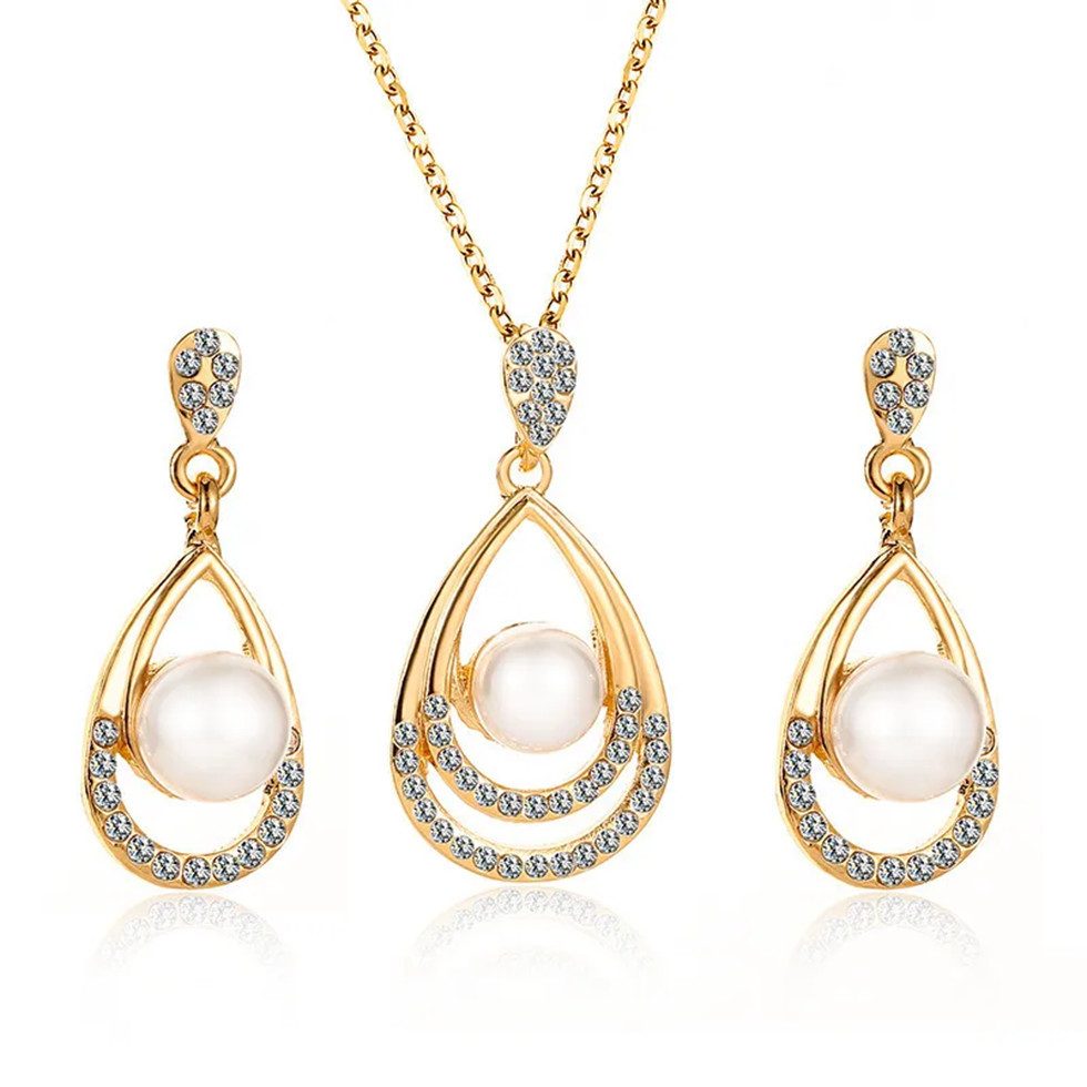 KARMA Schmuckset Gold Perle Damen Halskette 48  cm Ohrringe (Perlenkette Perlenohrringe, 3-tlg., Kette Geschenk für Sie), eleganter Schmuck Damenschmuckset