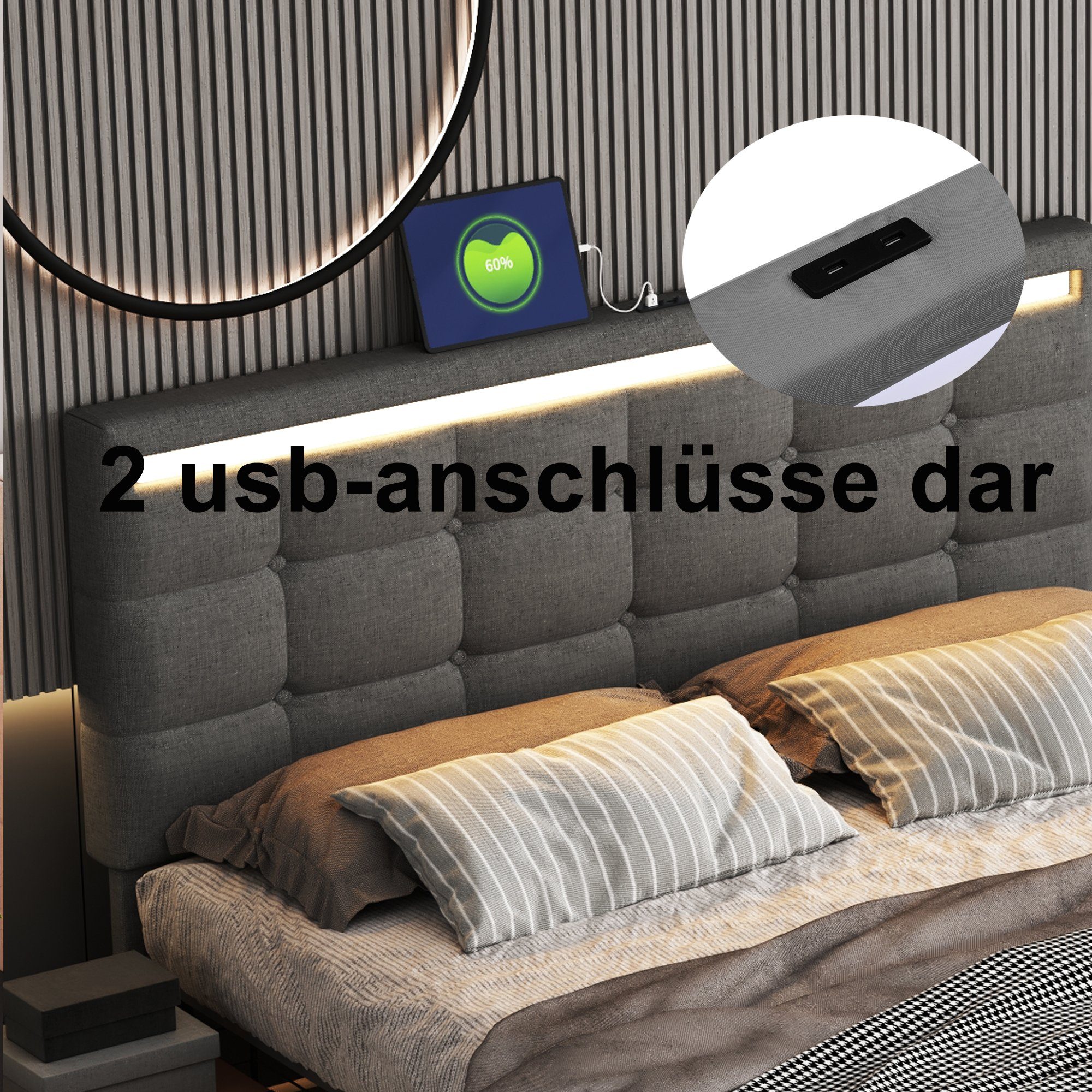 2 4 Grau mit Polsterbett 200 (140 Gepolstertes und Schubladen Plattformbett Stauraum Doppelbett Matratze, USB-Ladestationen), * Gepolstertes ohne OKWISH LED-Bettgestell mit
