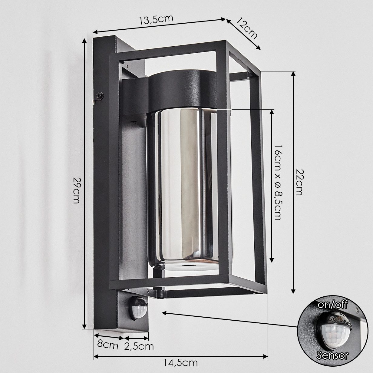 hofstein Außen-Wandleuchte Außenleuchte m. Bewegungsmelder aus Metall/Glas in Schwarz/Rauchfarben, ohne Leuchtmittel, Wechselglas, moderne Wandlampe für Hof/Ein – Bild 4 von 5