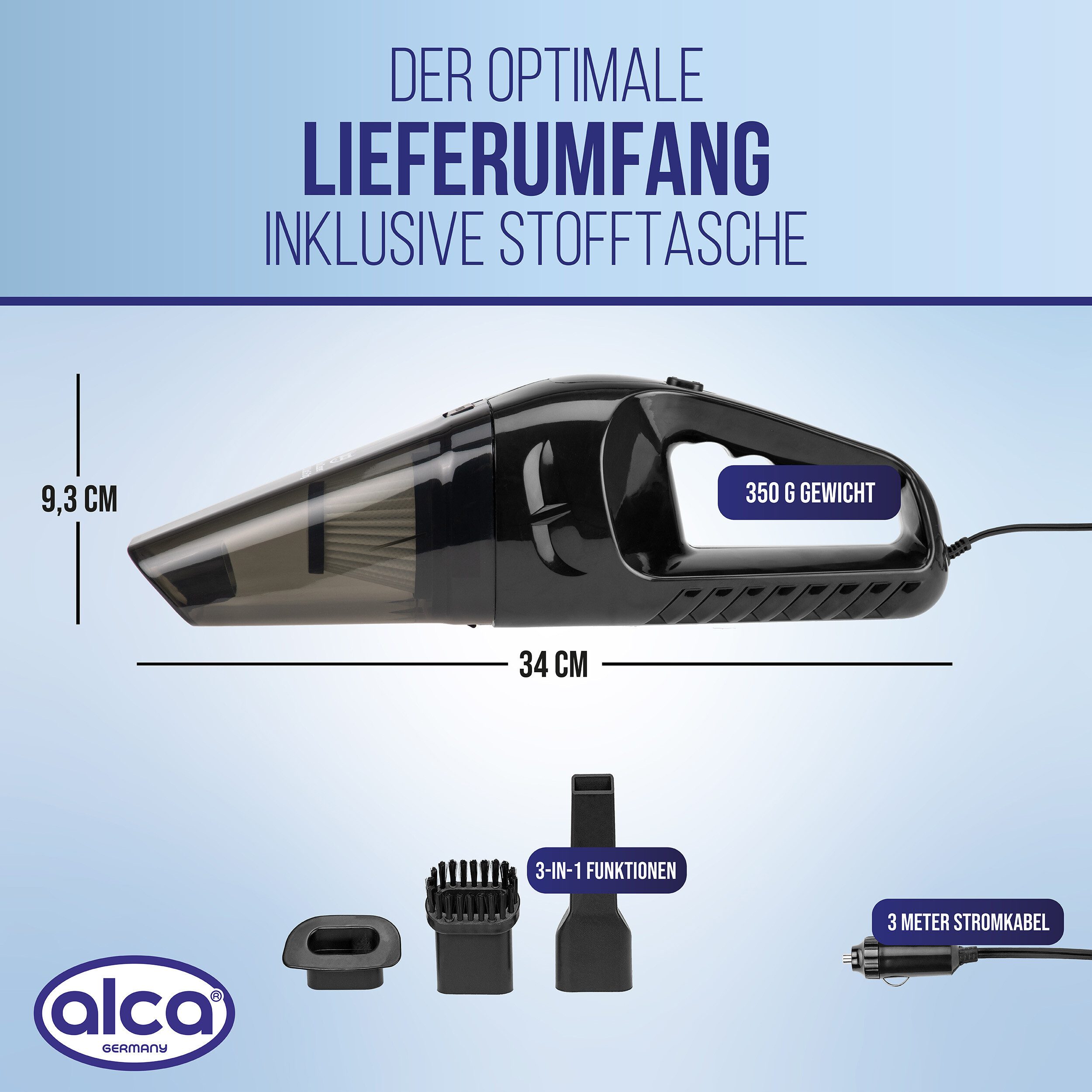 alca Handstaubsauger Autostaubsauger 12V NASS/TROCKEN Handstaubsauger waschbarer Filter, 60 W, Beutellos mit Filter