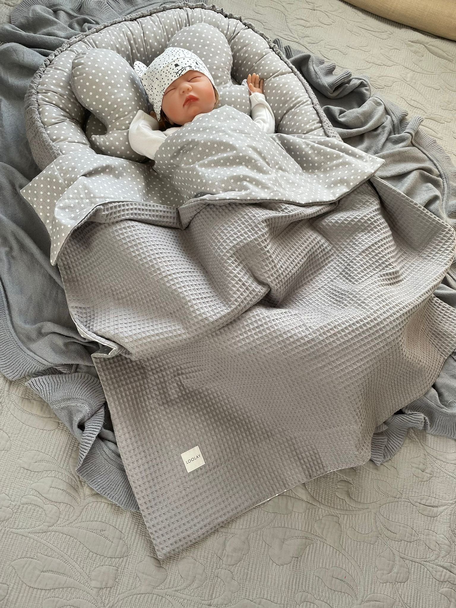 Loolay Bettnestchen WAFFELPIQUE Baumwolle BABYNEST Babykokon Neugeborene Babyaustattung, (Reisebett Nestchen SOLO/ o. in Geschenk SETS, 5-tlg., 4 Jahreszeiten A – Bild 3 von 5