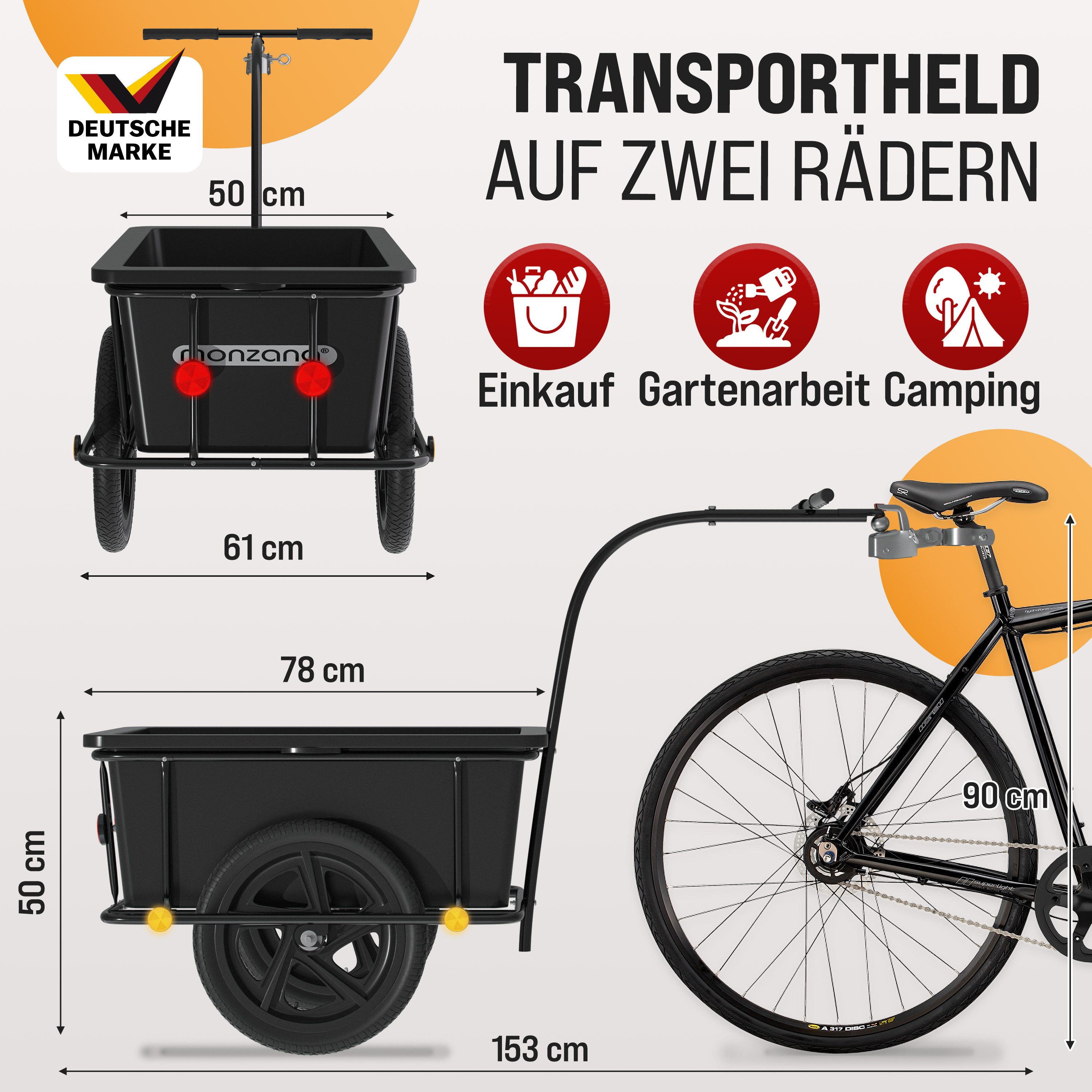 monzana Fahrradlastenanhänger, Fahrradanhänger mit 90L Kunststoffwanne inklusive Kupplung