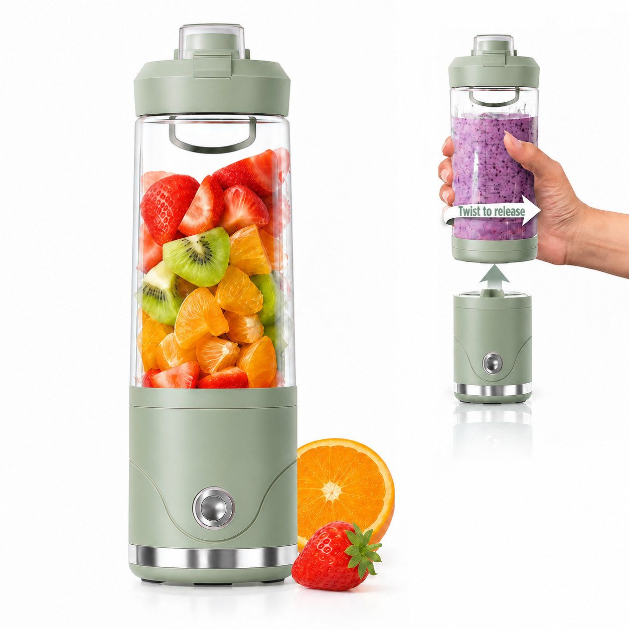 Rhein Beleuchtung Smoothie-Maker Mini Mixer 650 ml – 16.000 U/min mit 6 Edelstahlklingen, 75 W, Kabellos, USB-C, Selbstreinigung & Sicherheits-Stopp