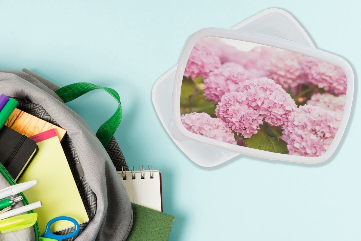 MuchoWow Lunchbox Jungs Kunststoff, Brotdose, - Mädchen weiß und - für (2-tlg), Busch - Brotbox Kinder Hortensie, Blumen Erwachsene, für und Rosa