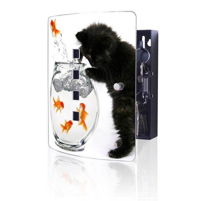 banjado Schlüsselkasten Edelstahl Katze Und Fisch (verstellbarer Magnetverschluss mit 10 Haken) 24 x 21 5 x 7 cm
