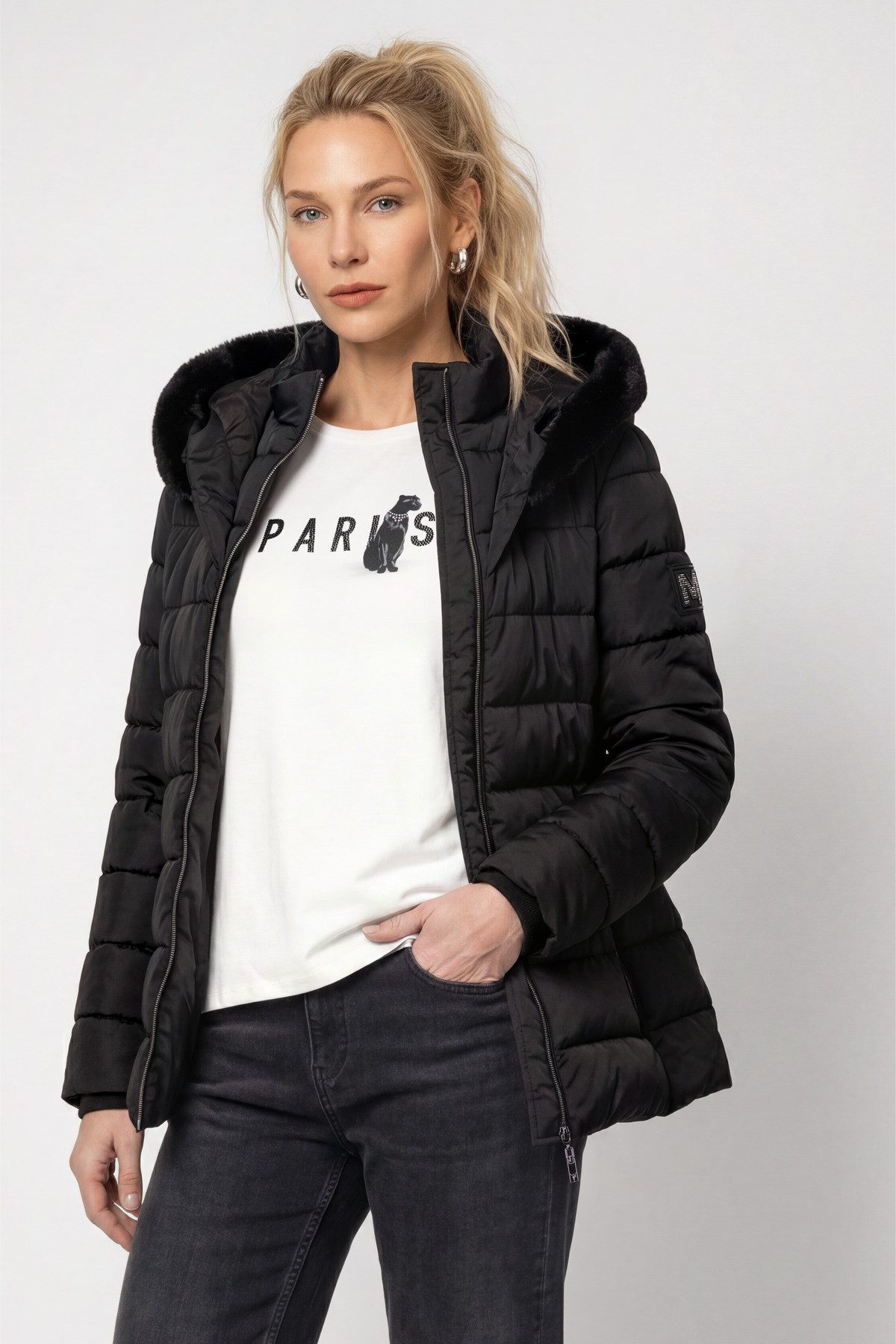 Monari Steppjacke Jacke Stepp + fake fur Regular fit mit Kapuze