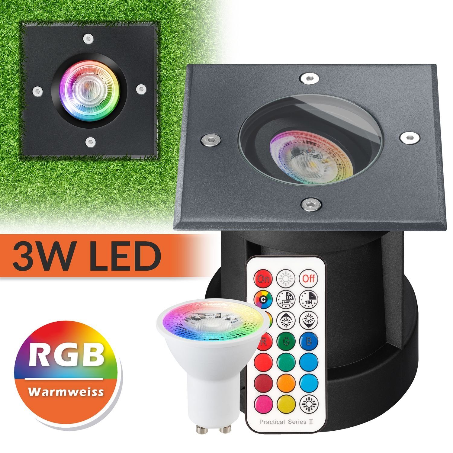 LEDANDO LED Einbaustrahler RGB LED Bodeneinbaustrahler Set mit Fernbedienung - RAL7016 - RGB + Wa