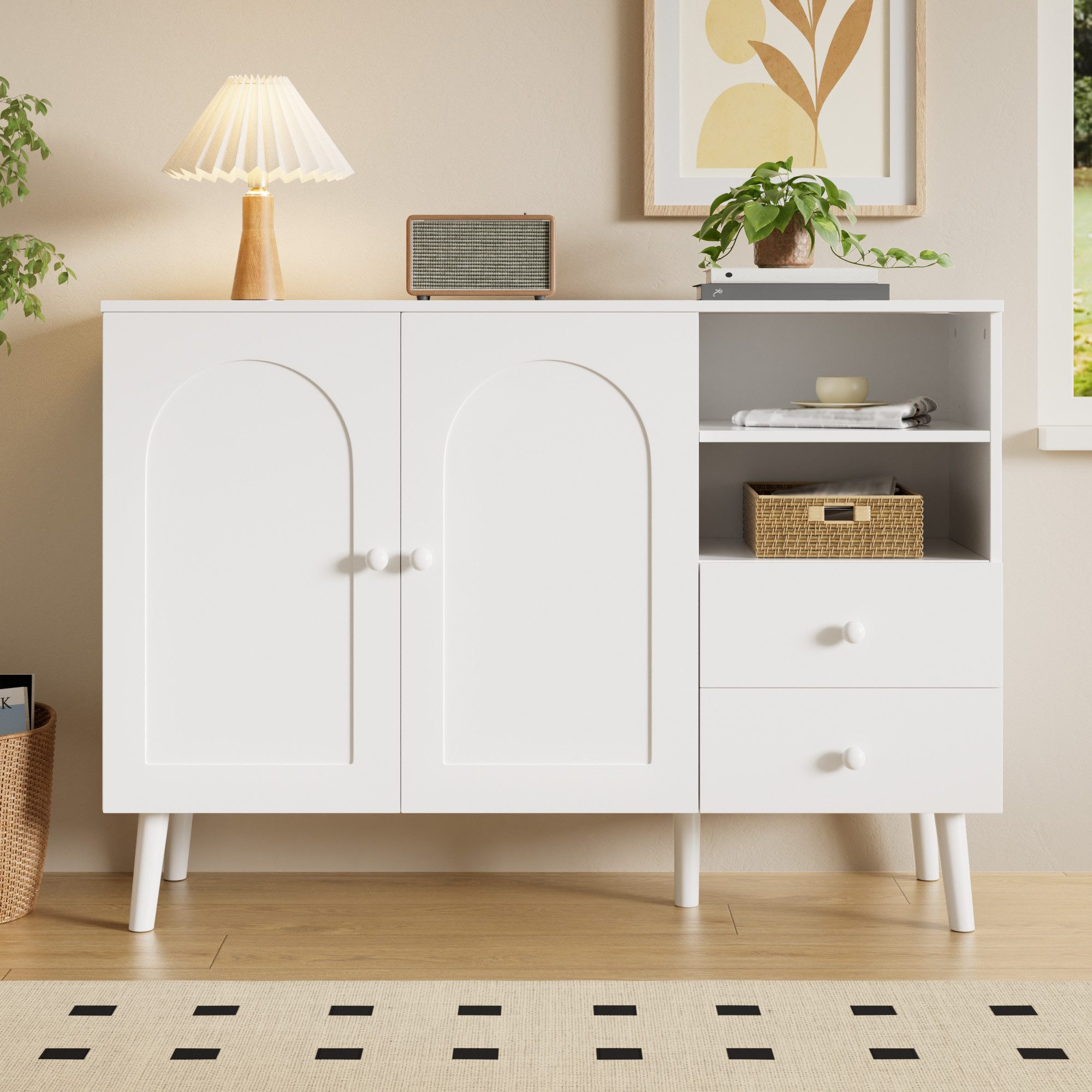 STILVORA Sideboard Aufbewahrungsschrank Kommode mit Schubladen und Holzfüße (2 Schubladen, 2 offene Fächer, Holzgriffe, Holzfüße, Gewölbte Fronten, pflegeleicht, formstabil, erhöhte Konstruktion), für Wohnzimmer, Esszimmer, Flur, Eingangsbereich, Arbeitszimmer