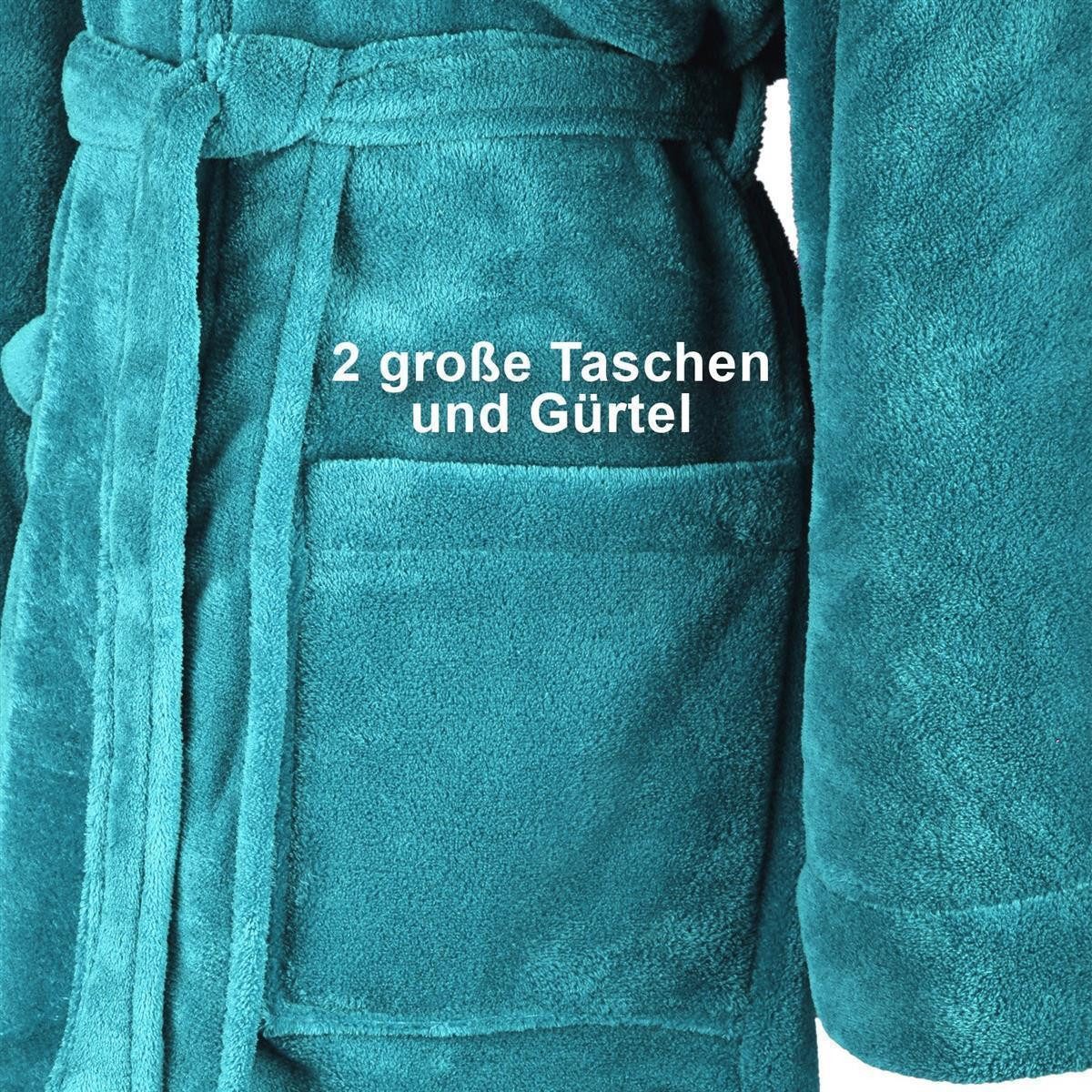 Gräfenstayn Unisex-Bademantel Bademantel Kapuze Flanell Fleece, S Türkis, warm & kuschelig, Waden bis Knöchellang, Fronttaschen, Gürtel, S-XXXL