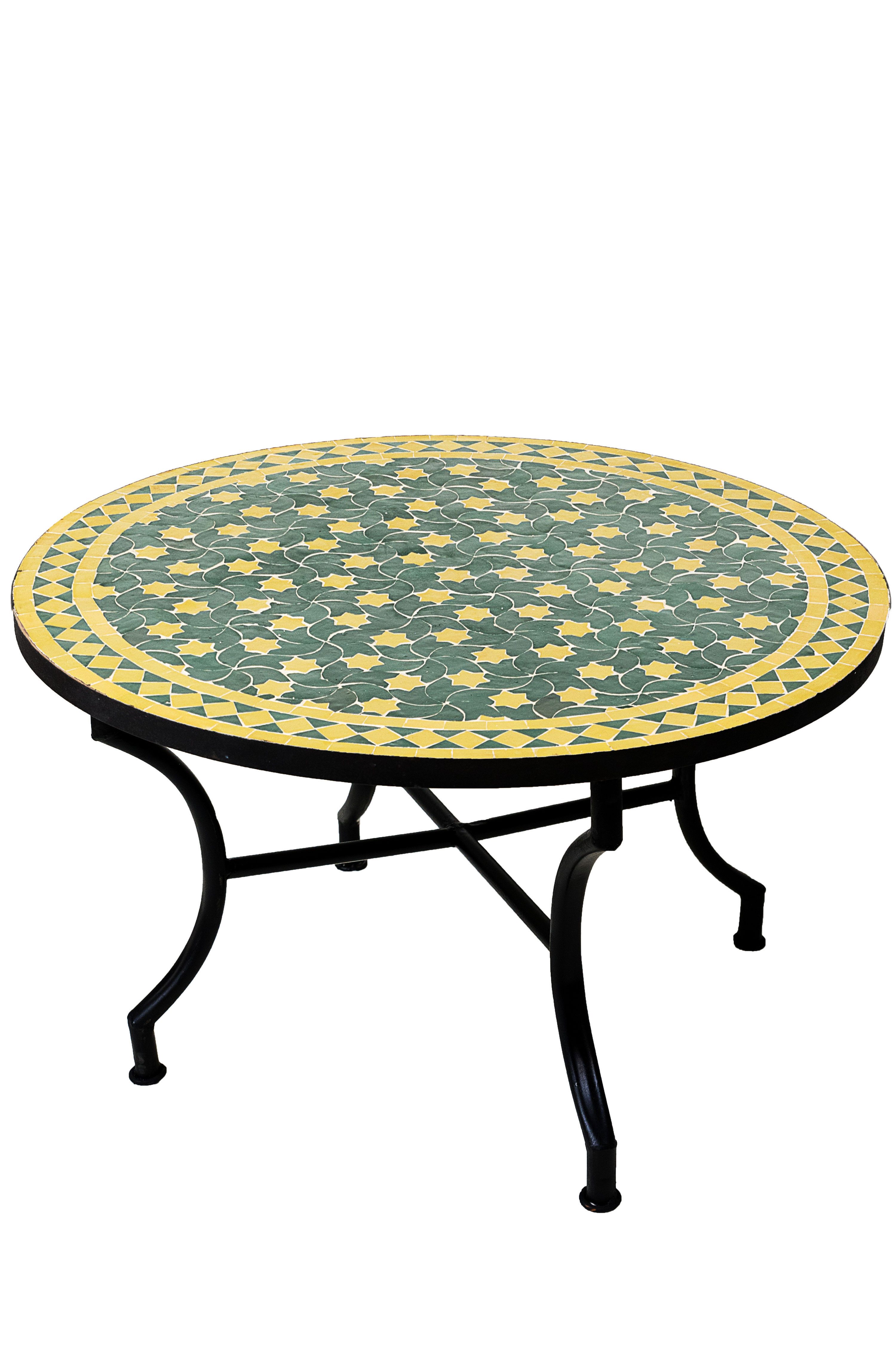Marrakesch Orient & Mediterran Interior Gartentisch Marokkanischer Mosaiktisch Estrella Grün Gelb ø 80cm, 45cm hoch, Handarbeit