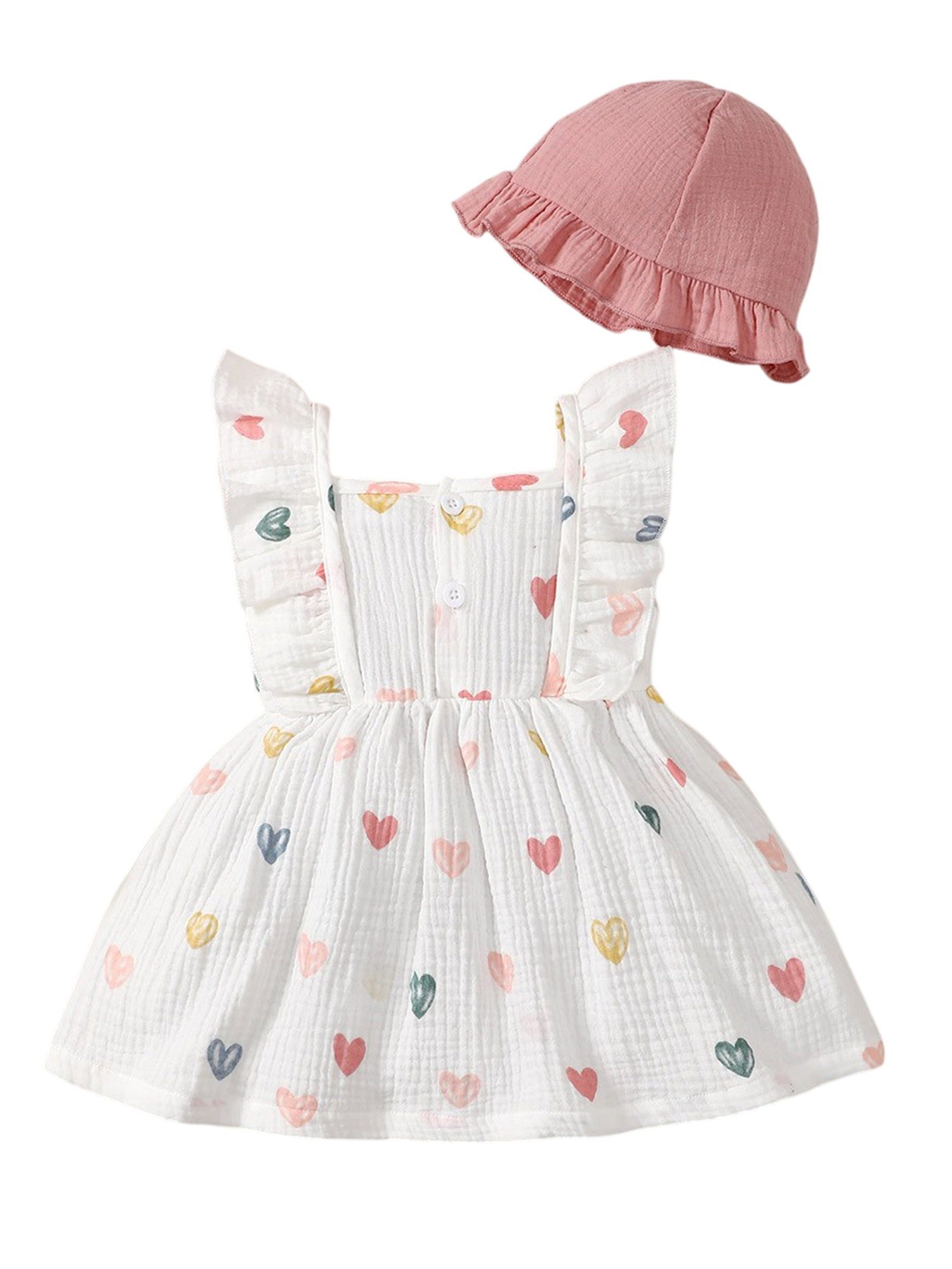 Lapastyle Druckkleid Baby Mädchen Kleidung, ärmelloses Rüschenkleid und Hut, 100% Baumwolle (Set, 2-tlg) Süßes A-Linien Kleid mit Herzmuster/Kirschmuster, für Freizeit, Partys